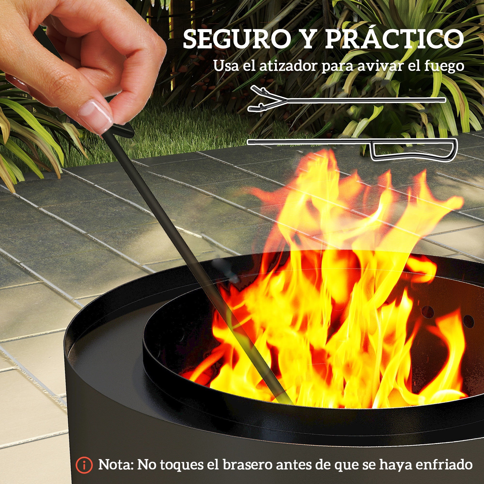 Outsunny Brasero Exterior Redondo Ø45x42 cm de Acero Brasero Exterior Jardín con Bandeja para Cenizas y Atizador Protector de Chispas para Terraza Camping Fiesta Negro