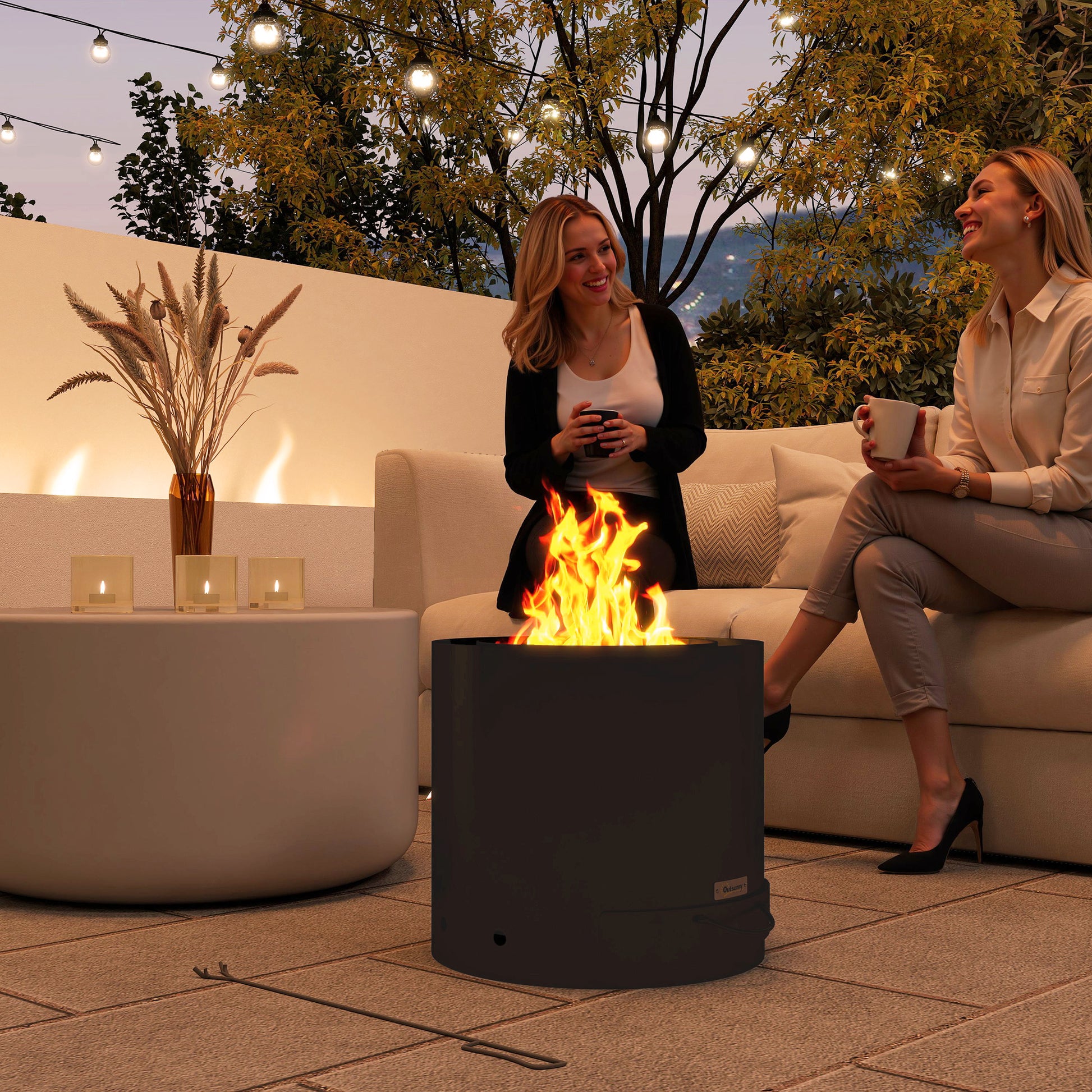 Outsunny Brasero Exterior Redondo Ø45x42 cm de Acero Brasero Exterior Jardín con Bandeja para Cenizas y Atizador Protector de Chispas para Terraza Camping Fiesta Negro