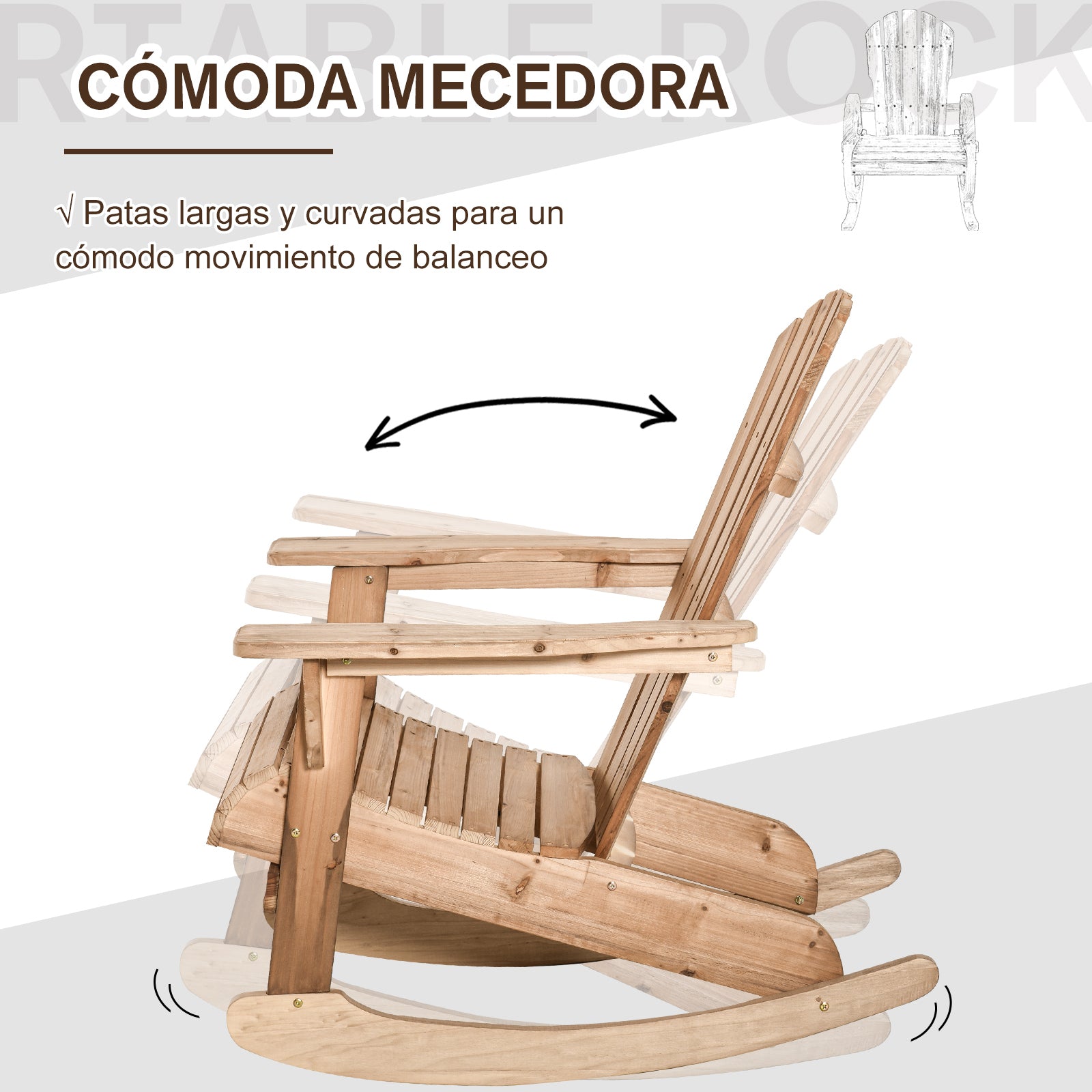 Outsunny Sillón Mecedora Silla Adirondack de Madera Natural 77x94x97 cm para Jardín Terraza Exterior de Estilo Rústico Carga 130kg Color Teca