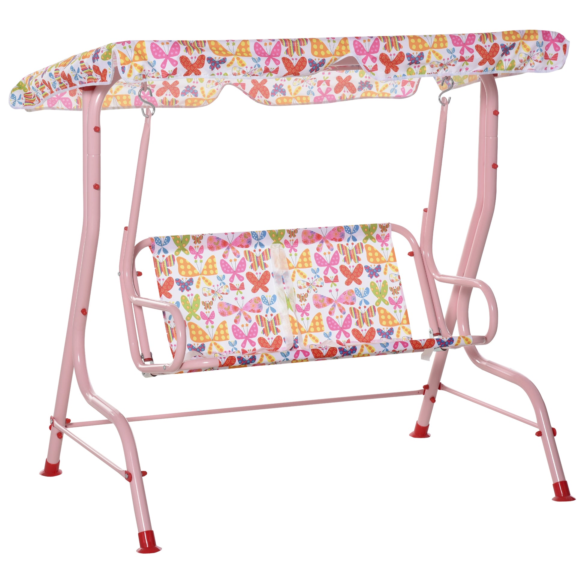 Outsunny Columpio Balancín de Jardín Infantil 2 Plazas para Niños de +3 Años con Toldo Ajustable en Ángulo para Terraza Balcón Carga Máx. 60 kg 110x70x110 cm Rosa
