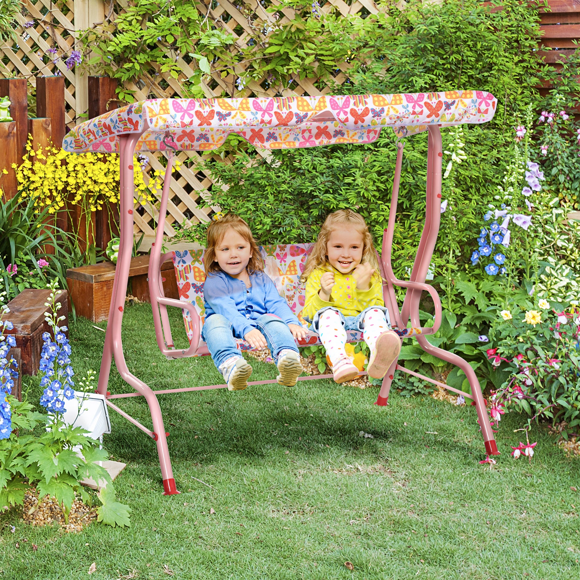 Outsunny Columpio Balancín de Jardín Infantil 2 Plazas para Niños de +3 Años con Toldo Ajustable en Ángulo para Terraza Balcón Carga Máx. 60 kg 110x70x110 cm Rosa
