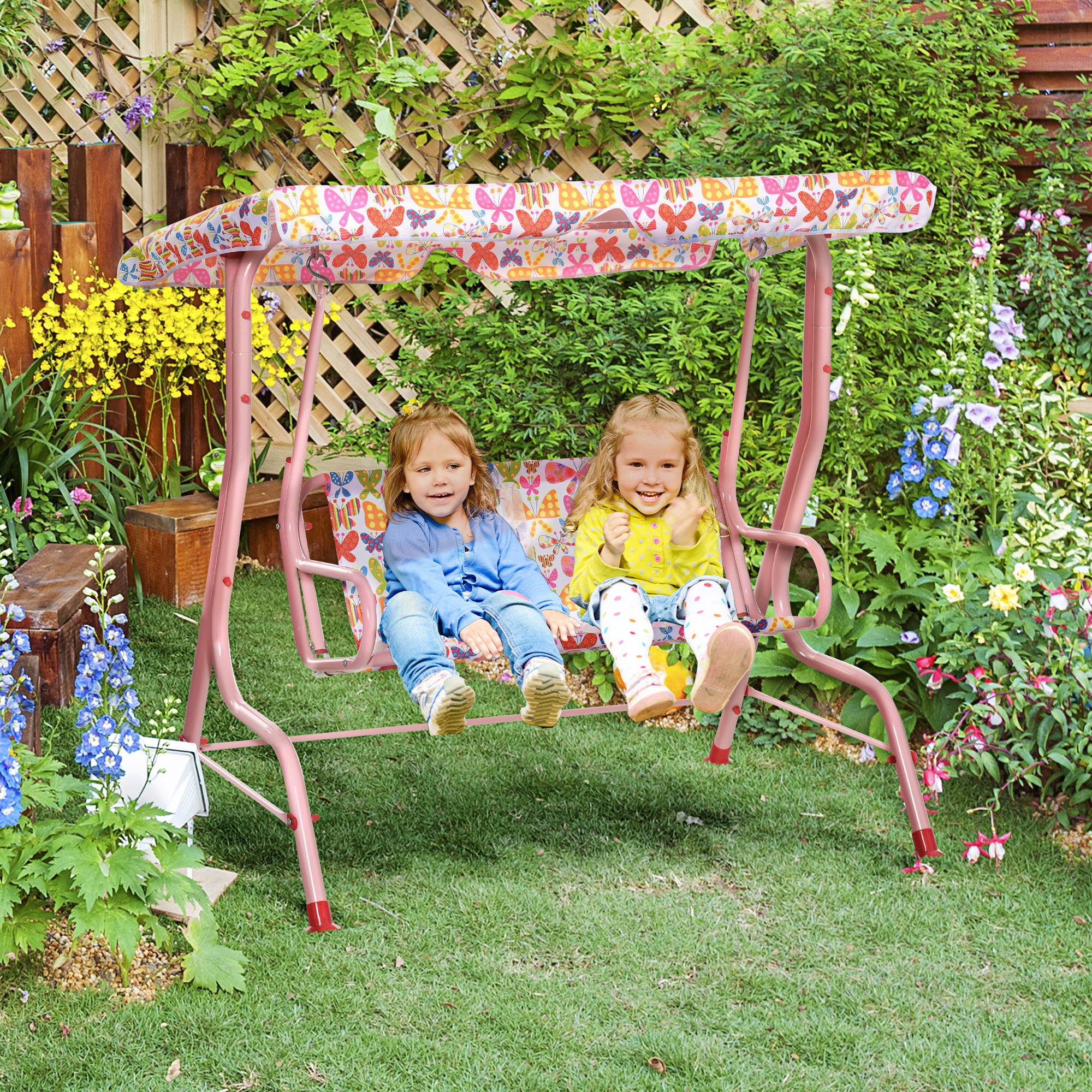 Outsunny Columpio Balancín de Jardín Infantil 2 Plazas para Niños de +3 Años con Toldo Ajustable en Ángulo para Terraza Balcón Carga Máx. 60 kg 110x70x110 cm Rosa