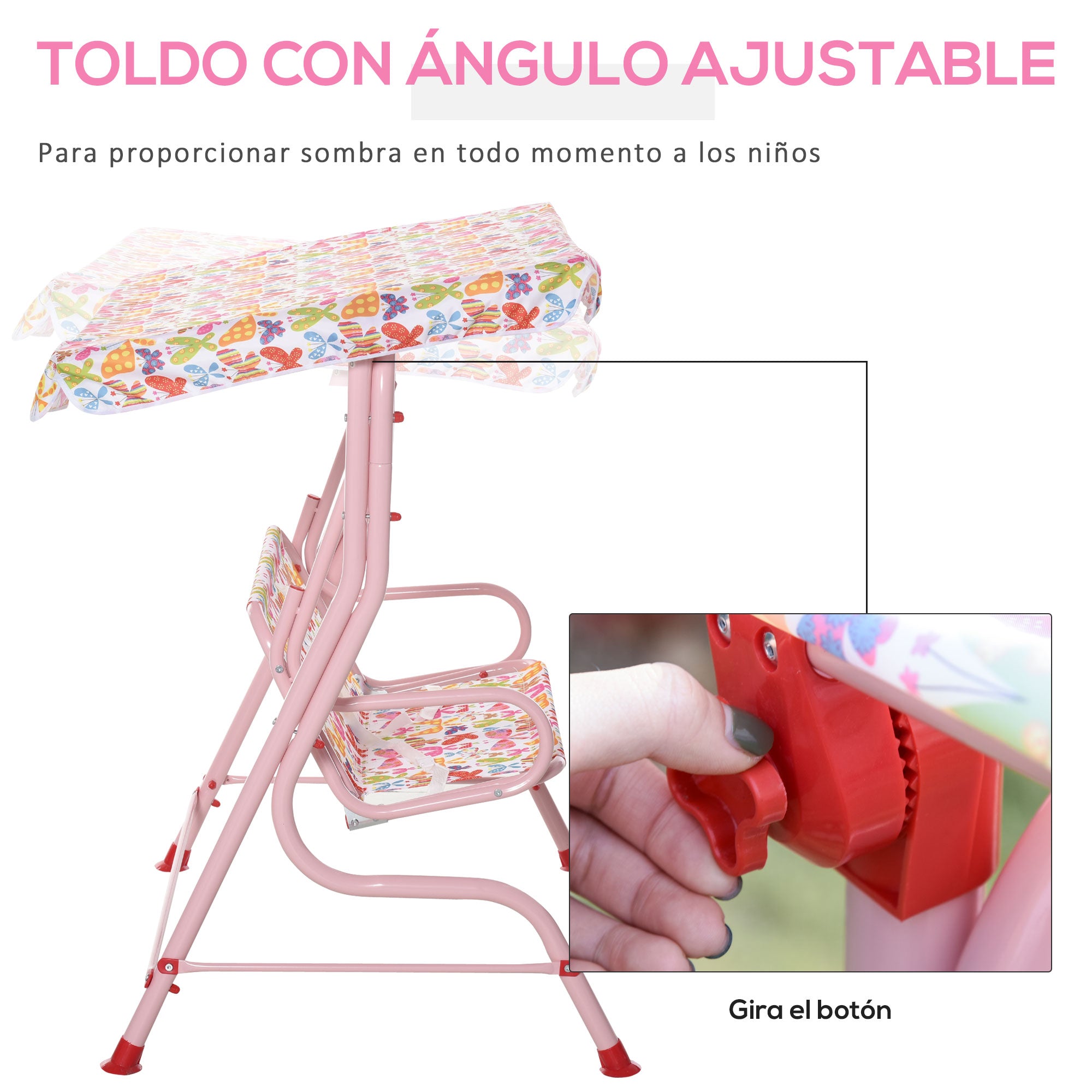 Outsunny Columpio Balancín de Jardín Infantil 2 Plazas para Niños de +3 Años con Toldo Ajustable en Ángulo para Terraza Balcón Carga Máx. 60 kg 110x70x110 cm Rosa