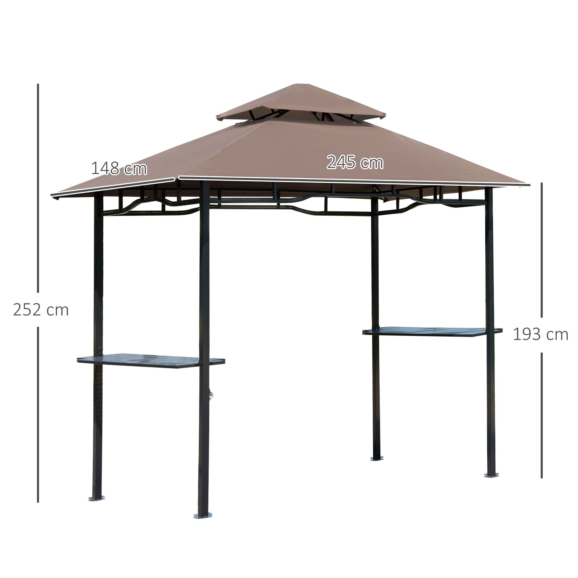 Outsunny Pabellón de Jardín 245x148 cm Cenador con Doble Techo Protección Solar 2 Estantes Laterales con Abrebotellas para Barbacoa Fiesta Eventos Exterior Color Café