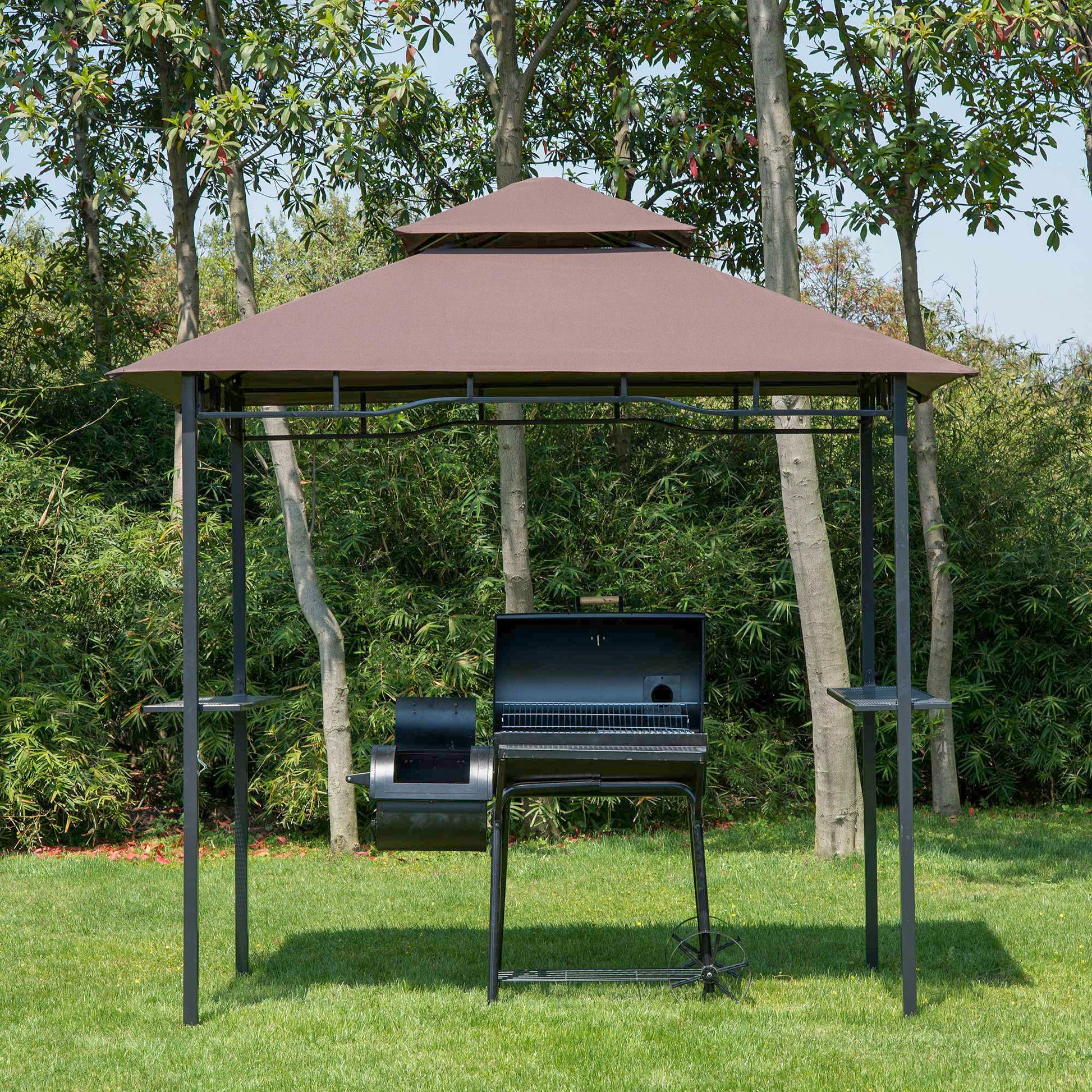 Outsunny Pabellón de Jardín 245x148 cm Cenador con Doble Techo Protección Solar 2 Estantes Laterales con Abrebotellas para Barbacoa Fiesta Eventos Exterior Color Café