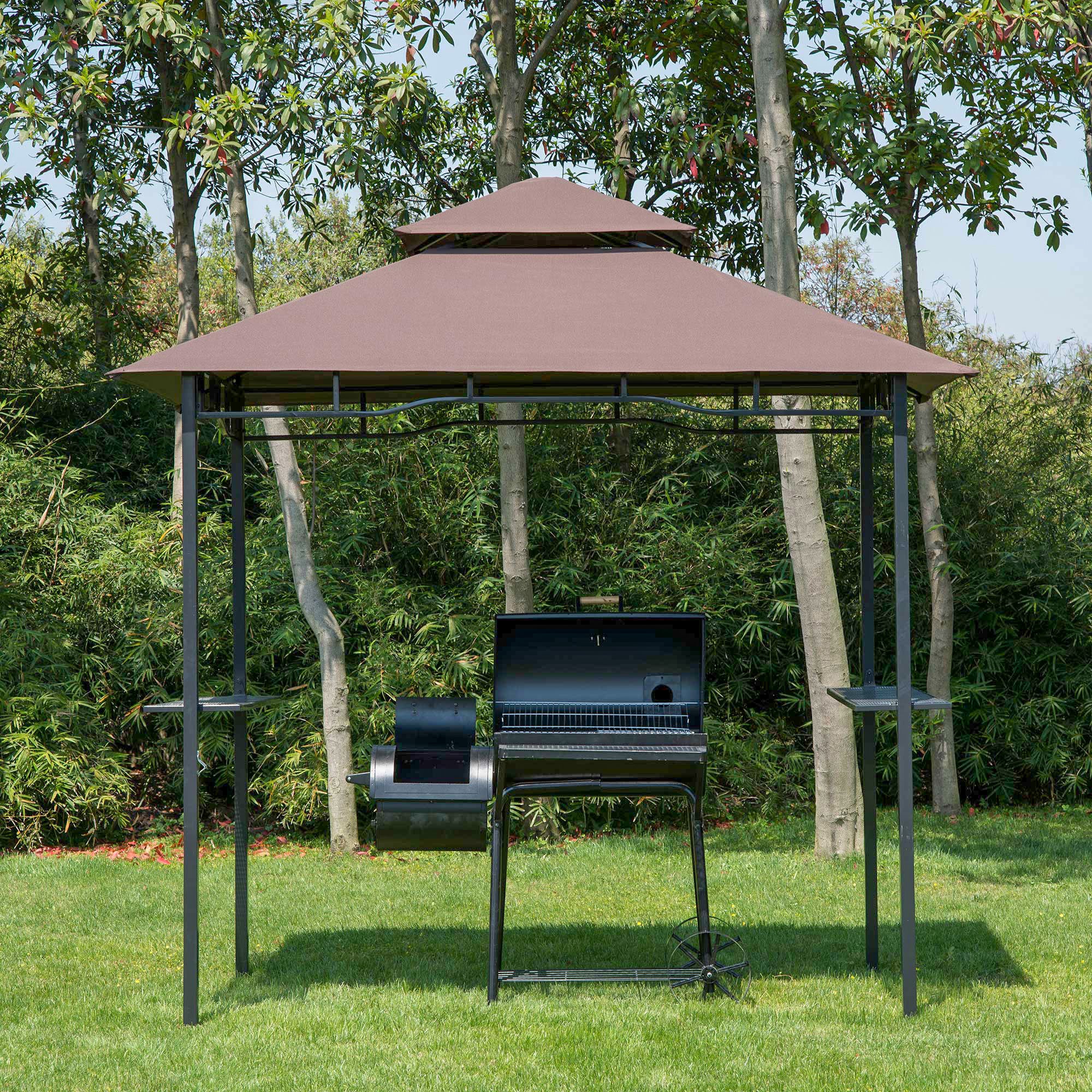 Outsunny Pabellón de Jardín 245x148 cm Cenador con Doble Techo Protección Solar 2 Estantes Laterales con Abrebotellas para Barbacoa Fiesta Eventos Exterior Color Café