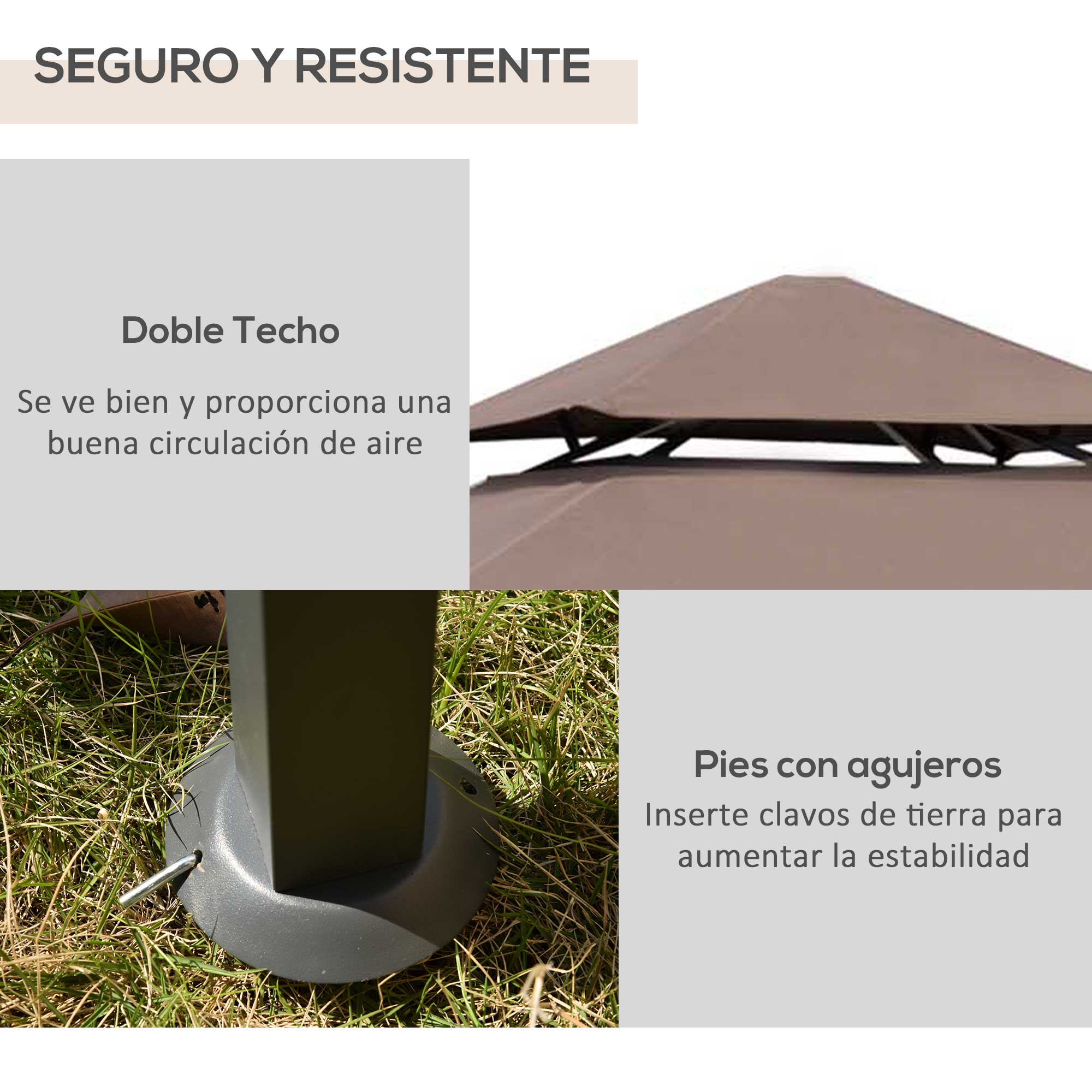 Outsunny Pabellón de Jardín 245x148 cm Cenador con Doble Techo Protección Solar 2 Estantes Laterales con Abrebotellas para Barbacoa Fiesta Eventos Exterior Color Café