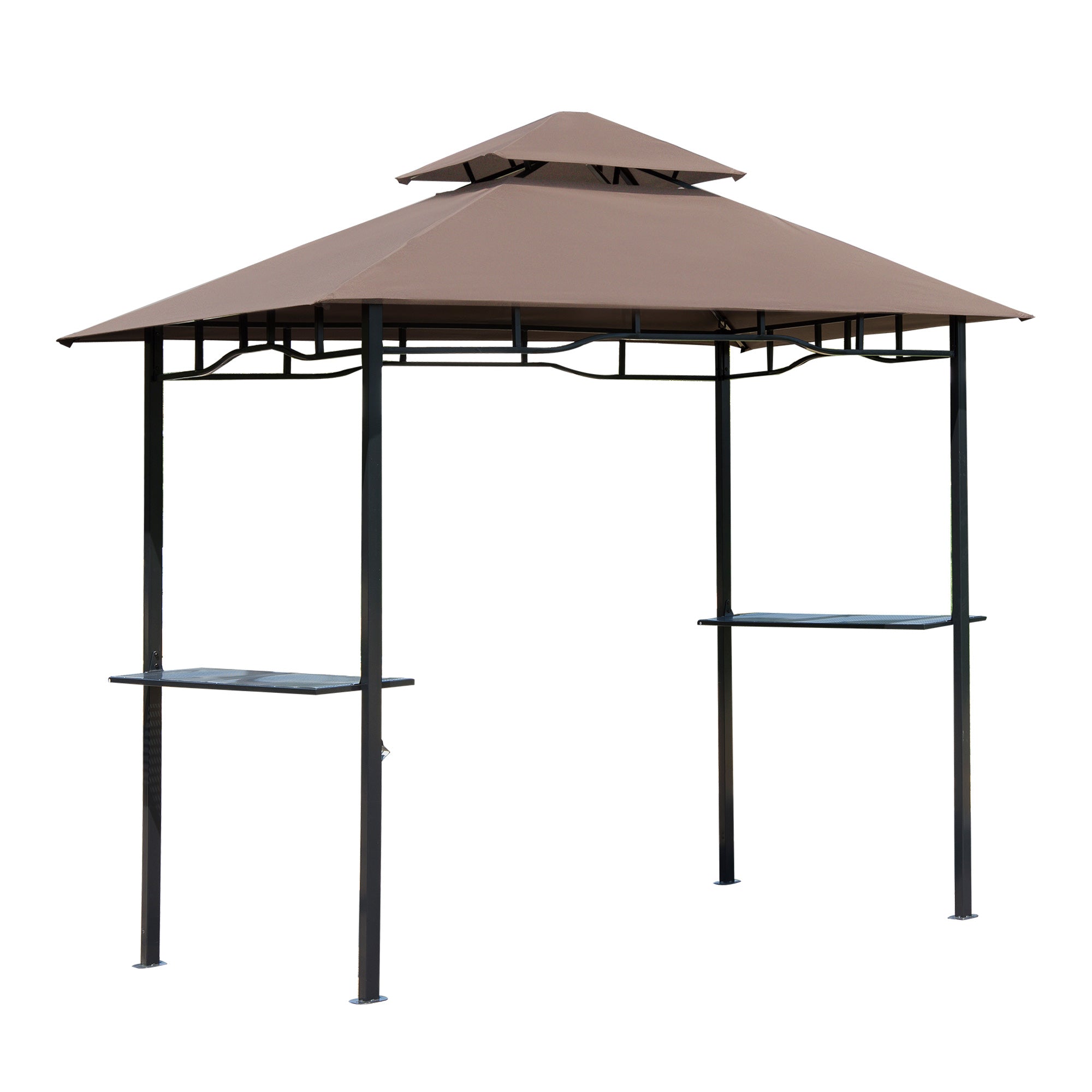 Outsunny Pabellón de Jardín 245x148 cm Cenador con Doble Techo Protección Solar 2 Estantes Laterales con Abrebotellas para Barbacoa Fiesta Eventos Exterior Color Café