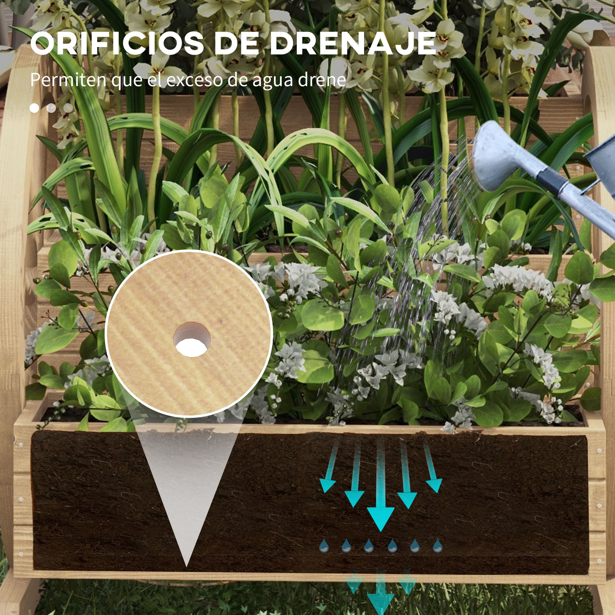 Outsunny Jardinera de Madera Macetero Exterior de 3 Niveles Diseño de Escalera y Forma de Ruedas Orificios de Drenaje Huerto Urbano para Cultivos Plantas Flores en Terraza Jardín 61x62x57 cm Natural