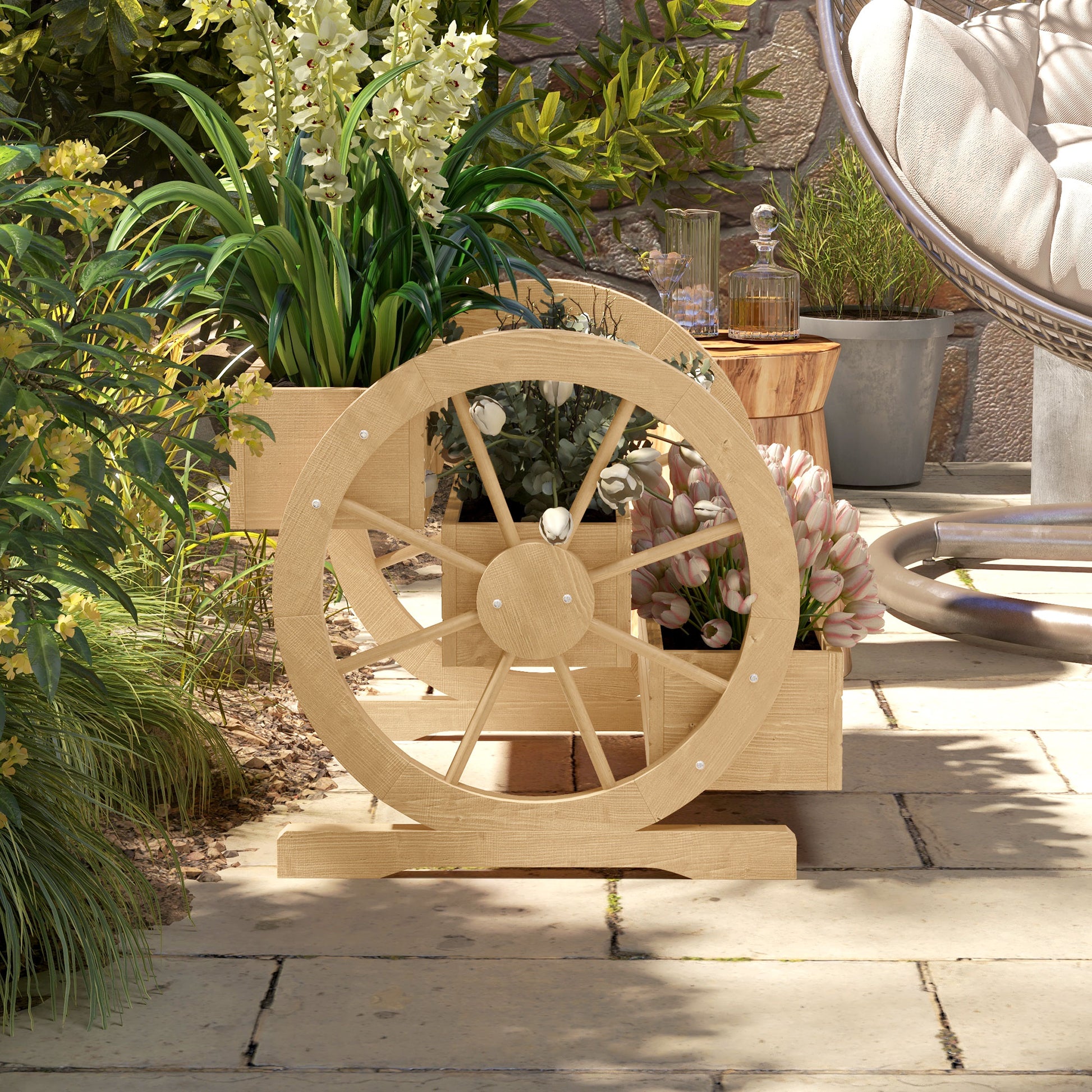 Outsunny Jardinera de Madera Macetero Exterior de 3 Niveles Diseño de Escalera y Forma de Ruedas Orificios de Drenaje Huerto Urbano para Cultivos Plantas Flores en Terraza Jardín 61x62x57 cm Natural