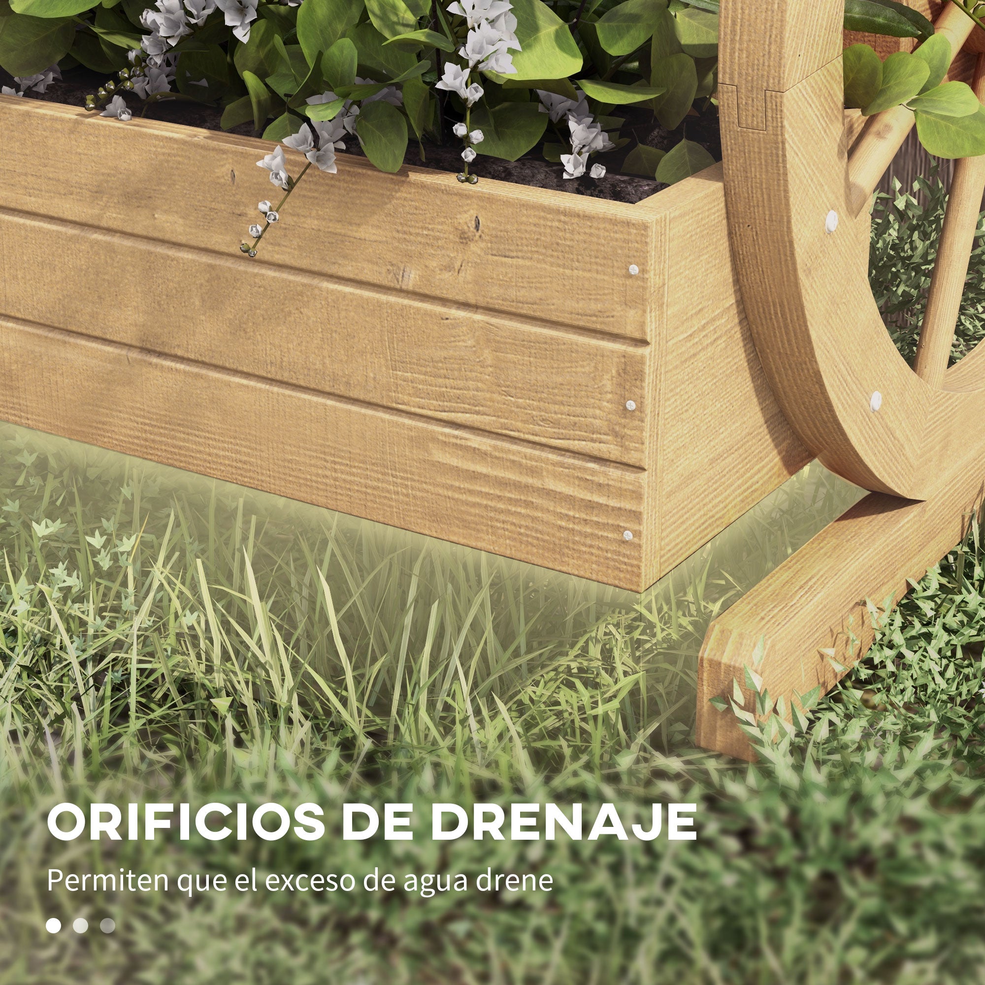 Outsunny Jardinera de Madera Macetero Exterior de 3 Niveles Diseño de Escalera y Forma de Ruedas Orificios de Drenaje Huerto Urbano para Cultivos Plantas Flores en Terraza Jardín 61x62x57 cm Natural