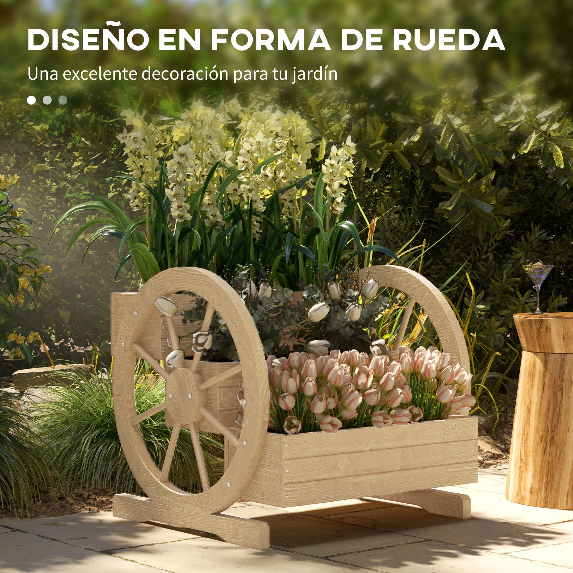 Outsunny Jardinera de Madera Macetero Exterior de 3 Niveles Diseño de Escalera y Forma de Ruedas Orificios de Drenaje Huerto Urbano para Cultivos Plantas Flores en Terraza Jardín 61x62x57 cm Natural