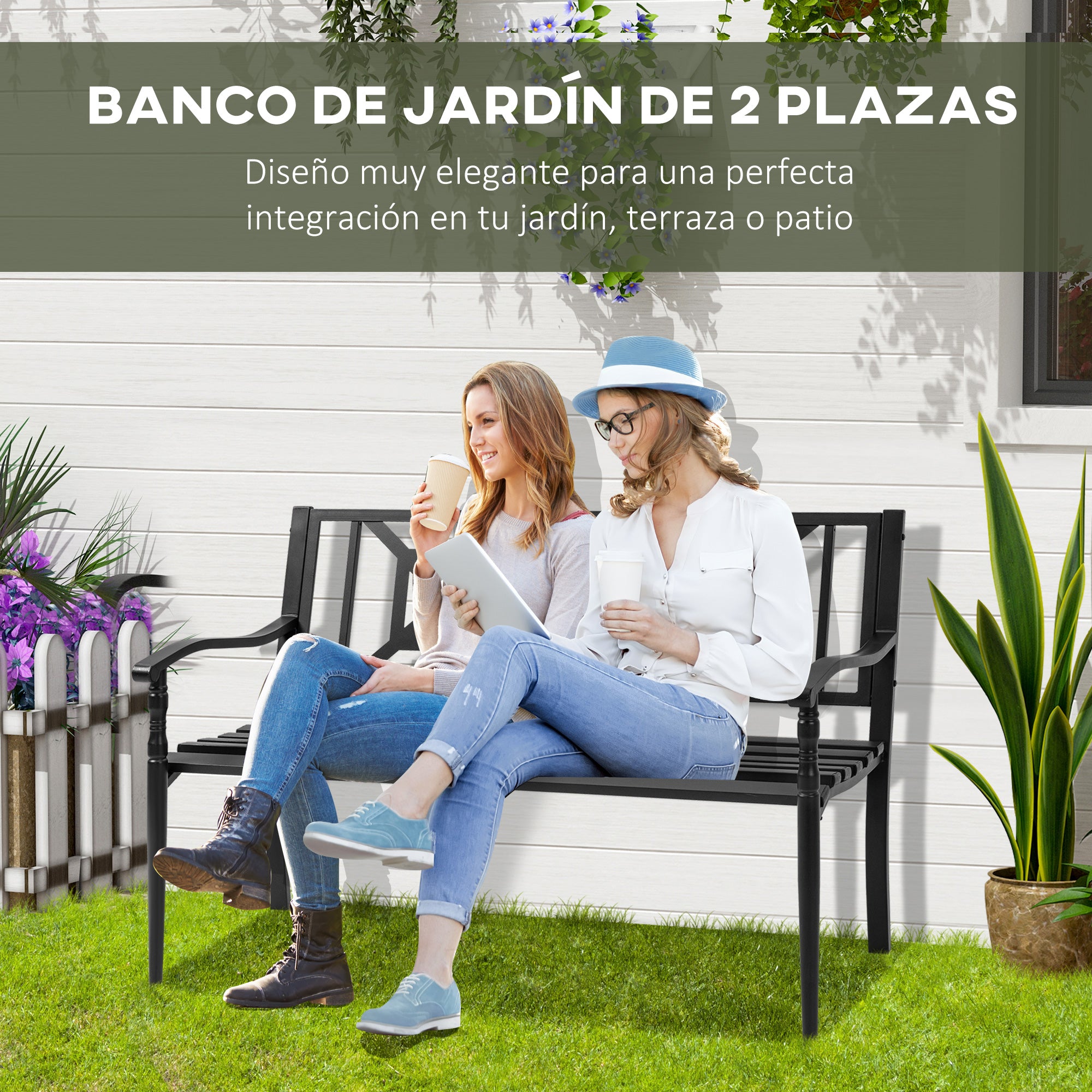 Outsunny Banco de Jardín de 2 Plazas Banco Exterior de Acero con Reposabrazos y Respaldo Decorativo para Terraza Balcón Patio Carga 240 kg 128x62,5x81,5 cm Negro