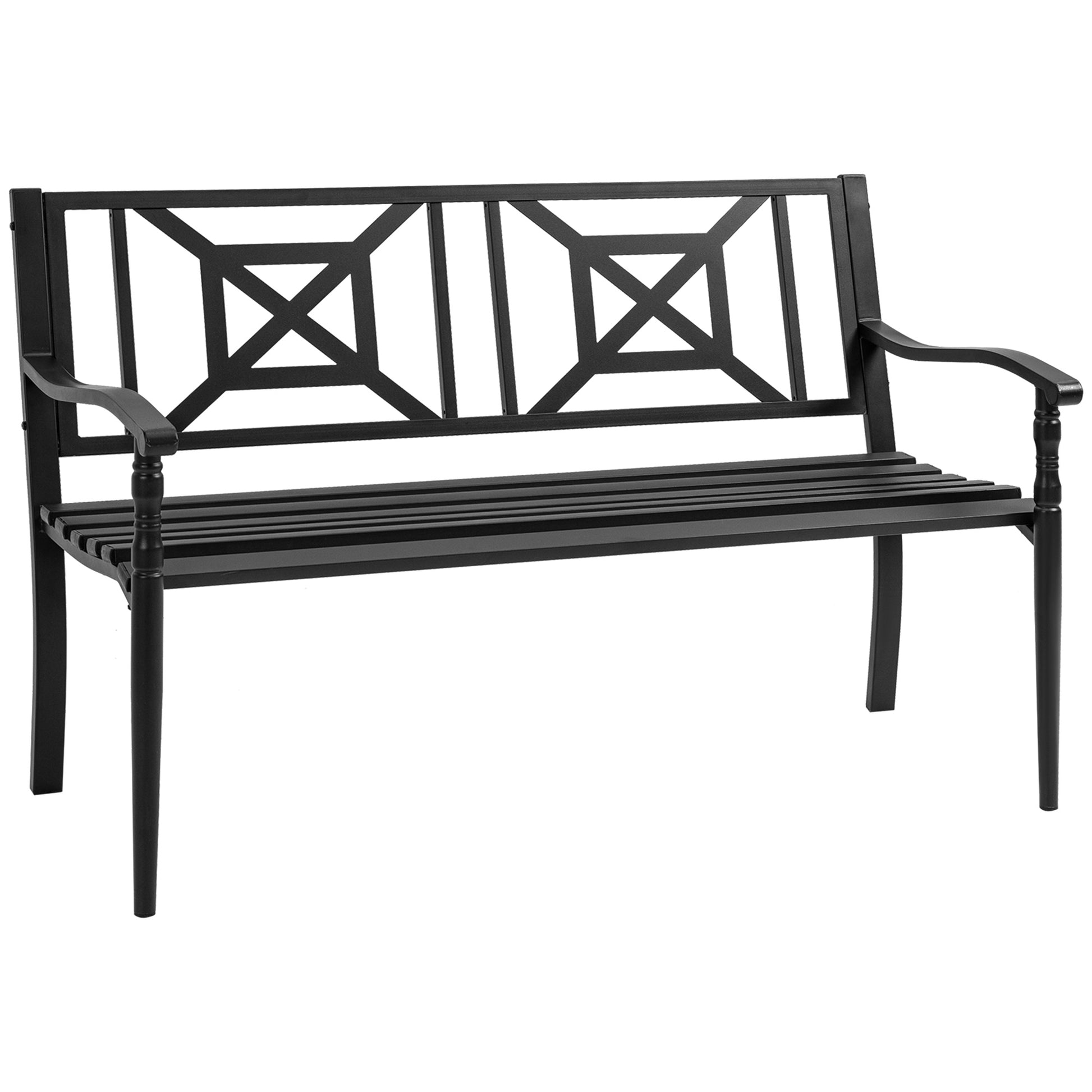 Outsunny Banco de Jardín de 2 Plazas Banco Exterior de Acero con Reposabrazos y Respaldo Decorativo para Terraza Balcón Patio Carga 240 kg 128x62,5x81,5 cm Negro
