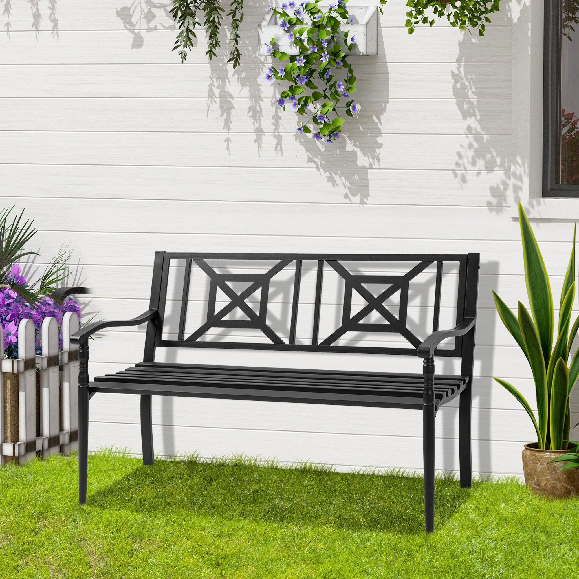 Outsunny Banco de Jardín de 2 Plazas Banco Exterior de Acero con Reposabrazos y Respaldo Decorativo para Terraza Balcón Patio Carga 240 kg 128x62,5x81,5 cm Negro
