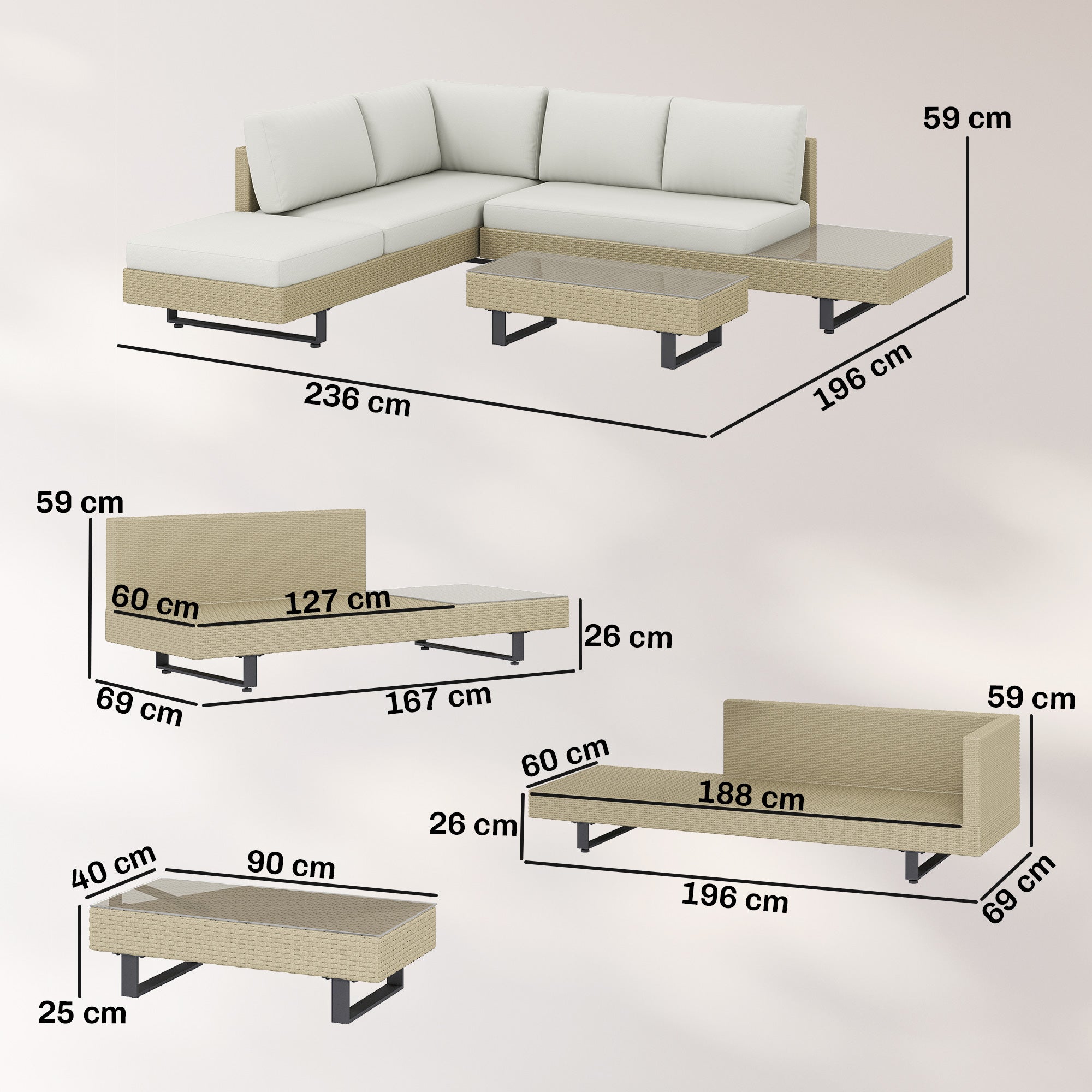 Outsunny Conjunto de Jardín de Ratán de 3 Piezas, Conjunto Terraza Resistente, Muebles Jardín Exterior Incluye Cojines, Sofá de 3 Plazas, Sofá de 2 Plazas con Mesa Lateral, Mesa Centro de Vidrio Beige