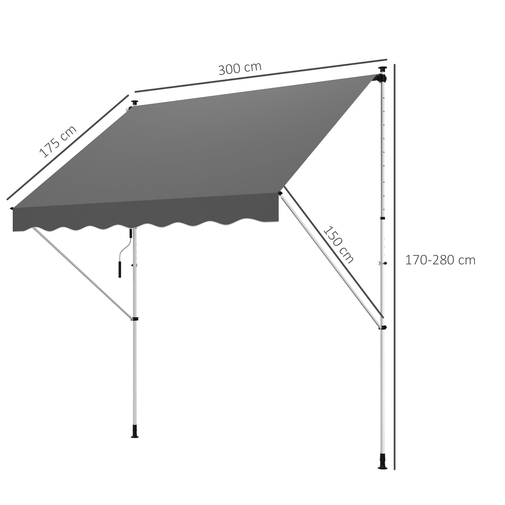 Outsunny Toldo Manual Retráctil 3x1,5 m Toldo Exterior Terraza Enrollable Altura Ajustable con Manivela 170-280 cm Sin Taladro para Balcón Jardín Gris