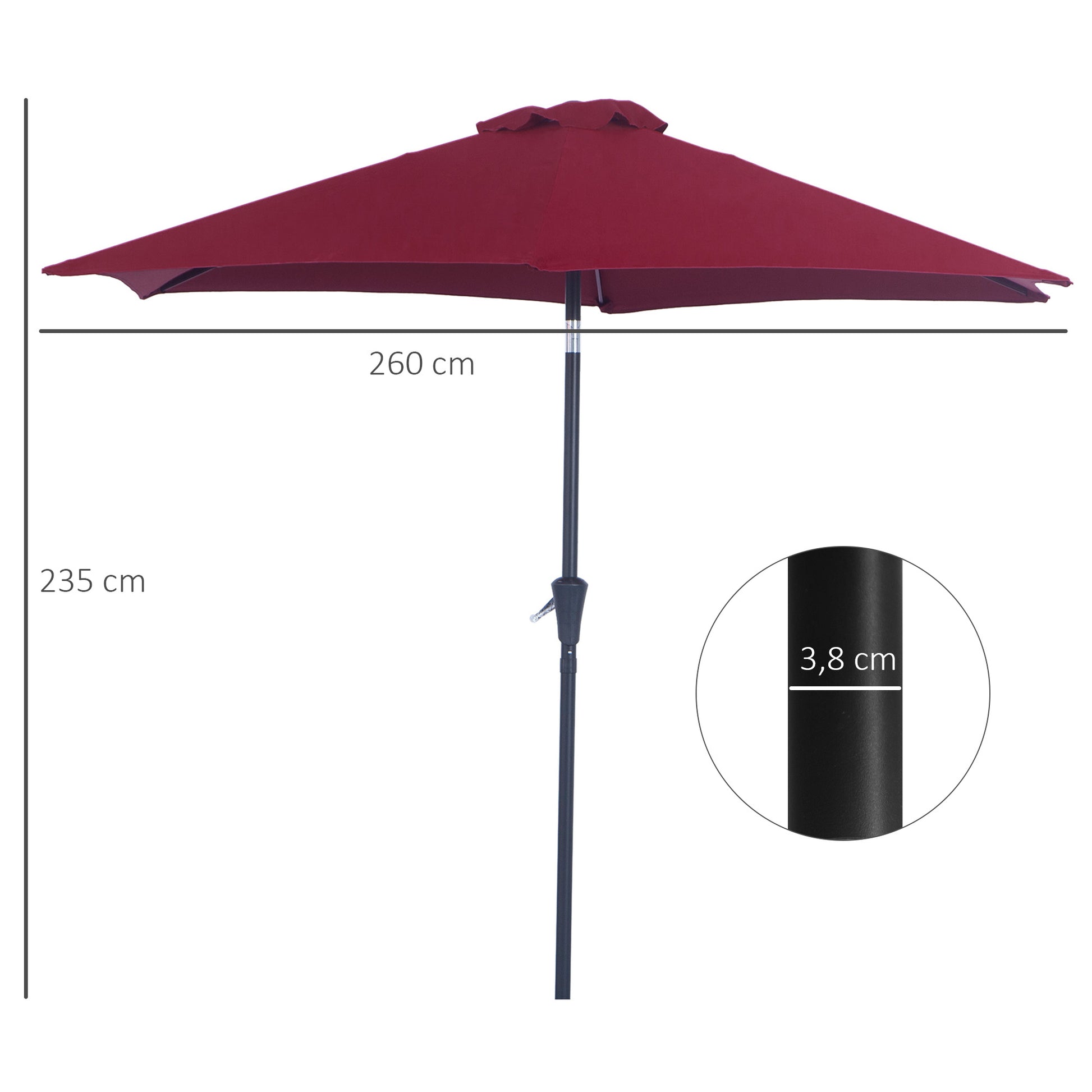 Outsunny Sombrilla para Jardín de Aluminio Ø260x235 cm Parasol de Jardín Reclinable con Manivela y 6 Varillas de Metal para Terraza Exterior Balcón Rojo