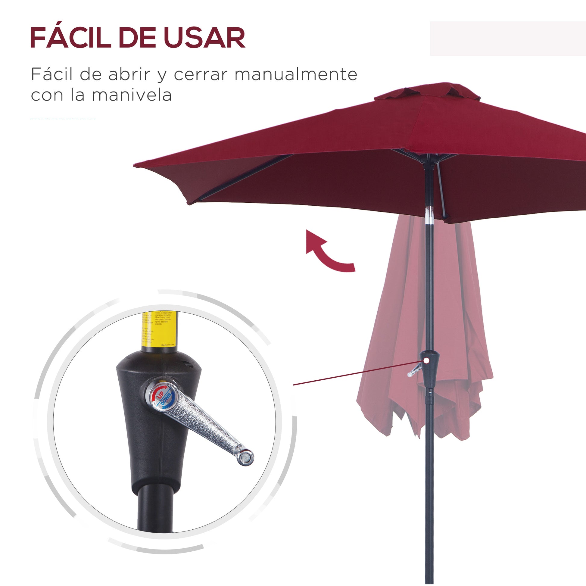 Outsunny Sombrilla para Jardín de Aluminio Ø260x235 cm Parasol de Jardín Reclinable con Manivela y 6 Varillas de Metal para Terraza Exterior Balcón Rojo
