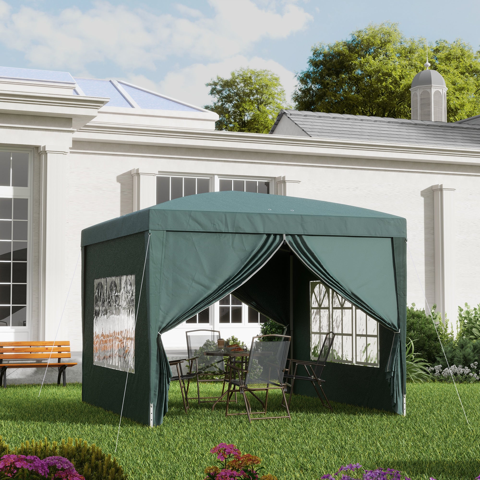 Outsunny Carpa Plegable Pop-up Gazebo 3x3 m Cenador Plegable con 4 Paredes Laterales Anti-UV y Bolsa de Transporte para Camping Fiestas Verde