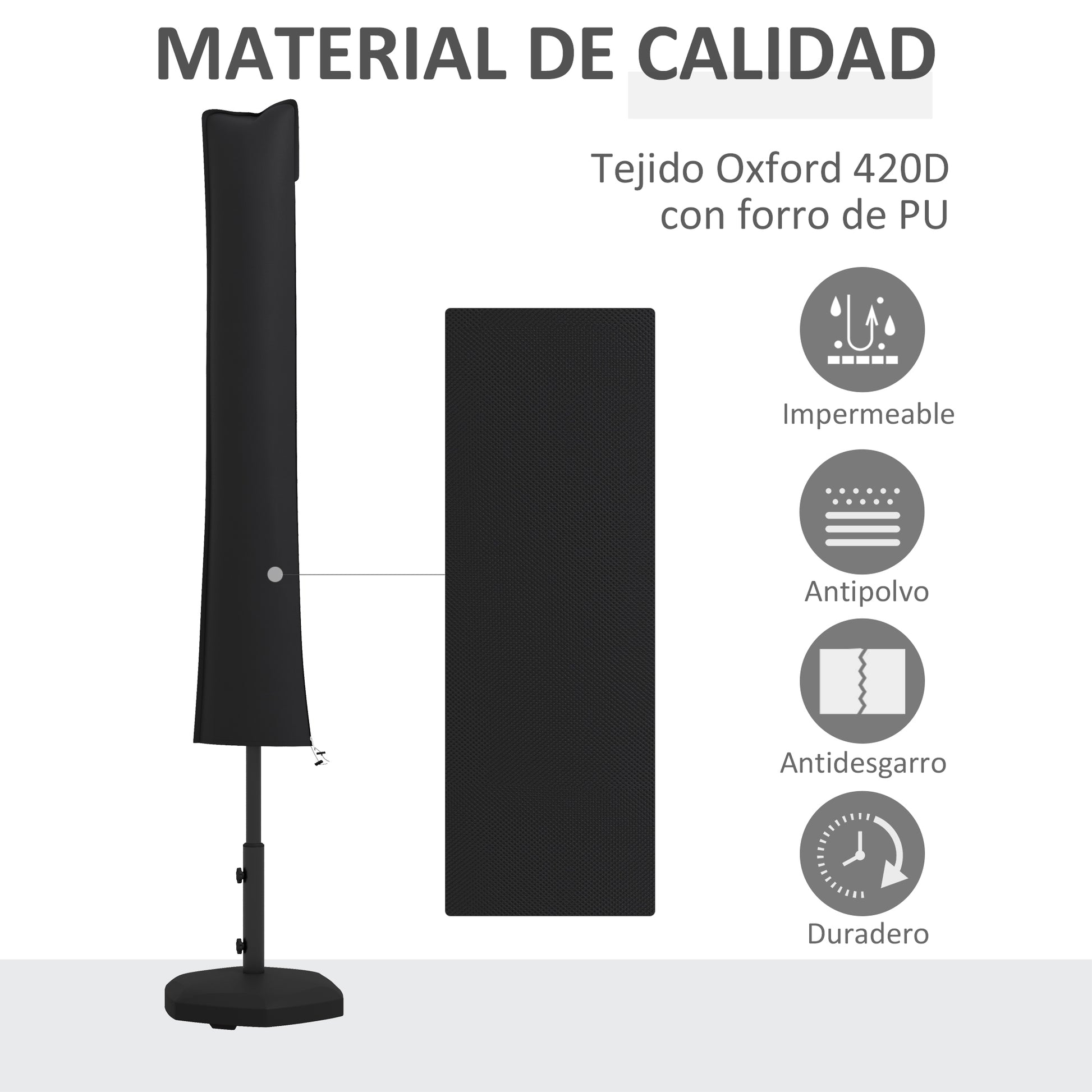 Outsunny Funda para Sombrilla de Jardín Funda para Parasol Impermeable Tela Oxford 420D Cubierta de Parasol con Cremallera para Jardín Exterior 178x25/35 cm Negro