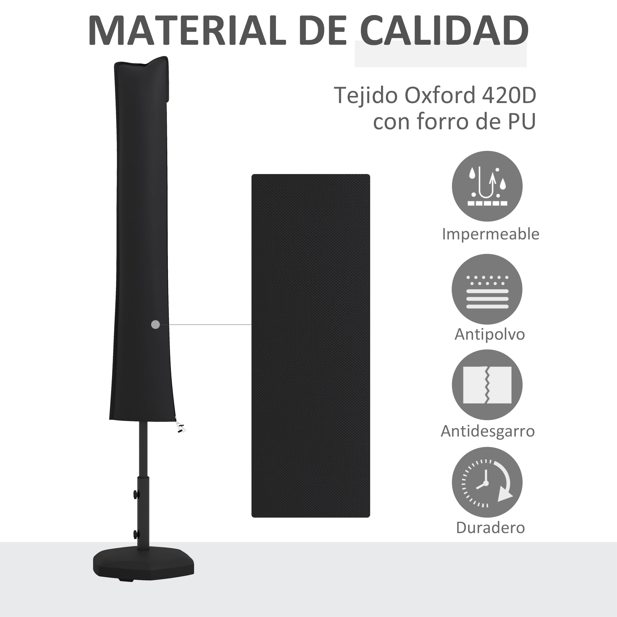 Outsunny Funda para Sombrilla de Jardín Funda para Parasol Impermeable Tela Oxford 420D Cubierta de Parasol con Cremallera para Jardín Exterior 178x25/35 cm Negro