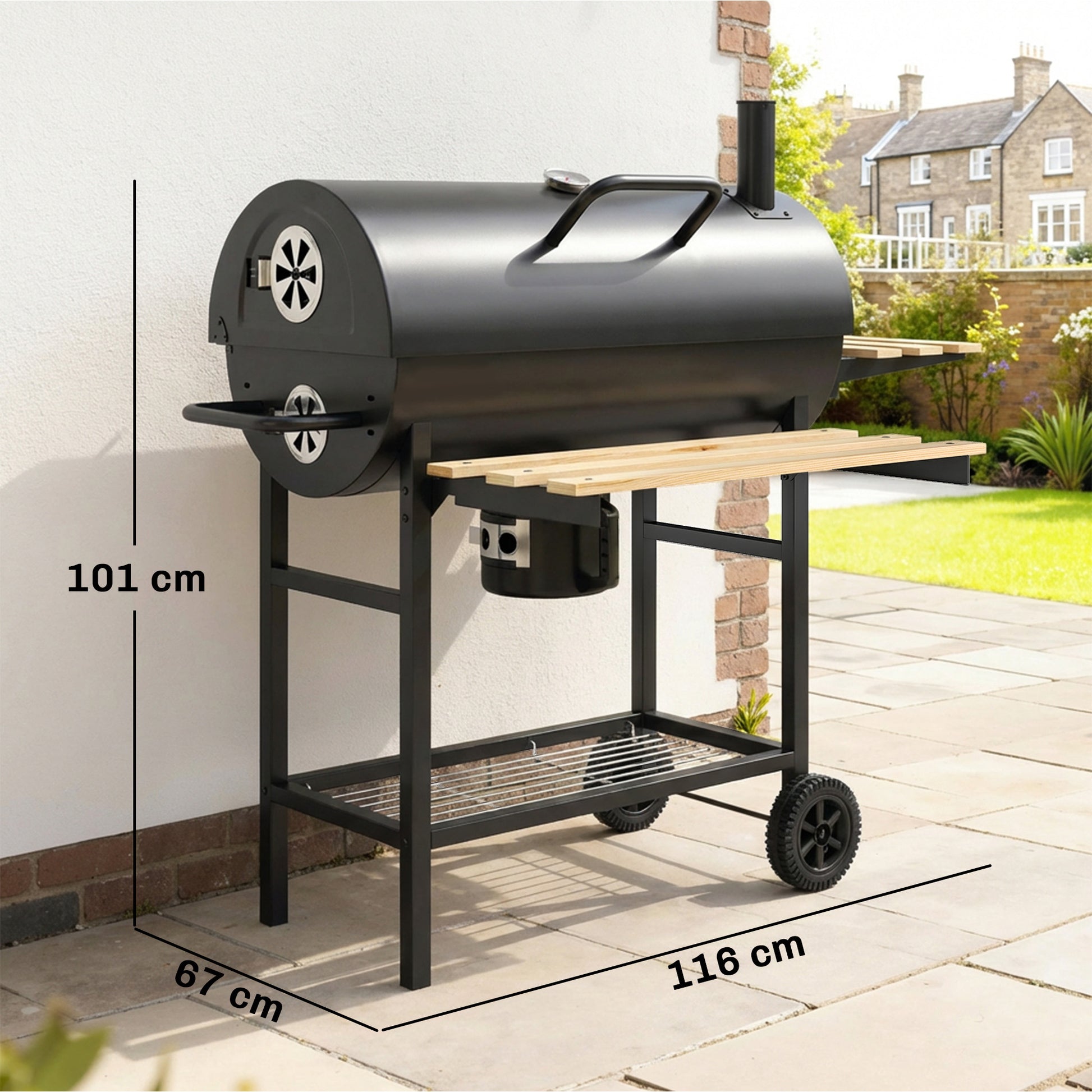 Outsunny Barbacoa de Carbón Portátil, Barbacoa Carbón Barril Móvil con Asador Eléctrico, Estantes Plegables, Rejilla de Calentamiento, Termómetro, Ventilaciones Ajustables, Recoge Cenizas, Ruedas, Asa