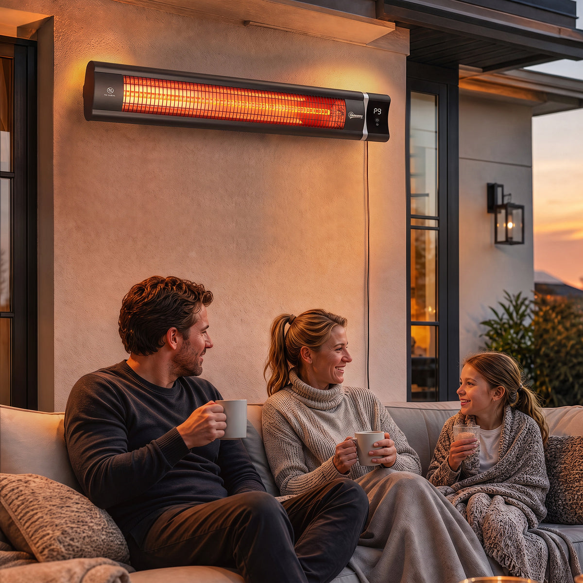 Outsunny Calefactor por Infrarrojos para Terraza 3000 W, Estufa Exterior Eléctrica Pared de Aluminio con IP65, 9 Niveles de Calor, Temporizador 24 H, Control Táctil/Remoto, Pantalla LED para Exterior