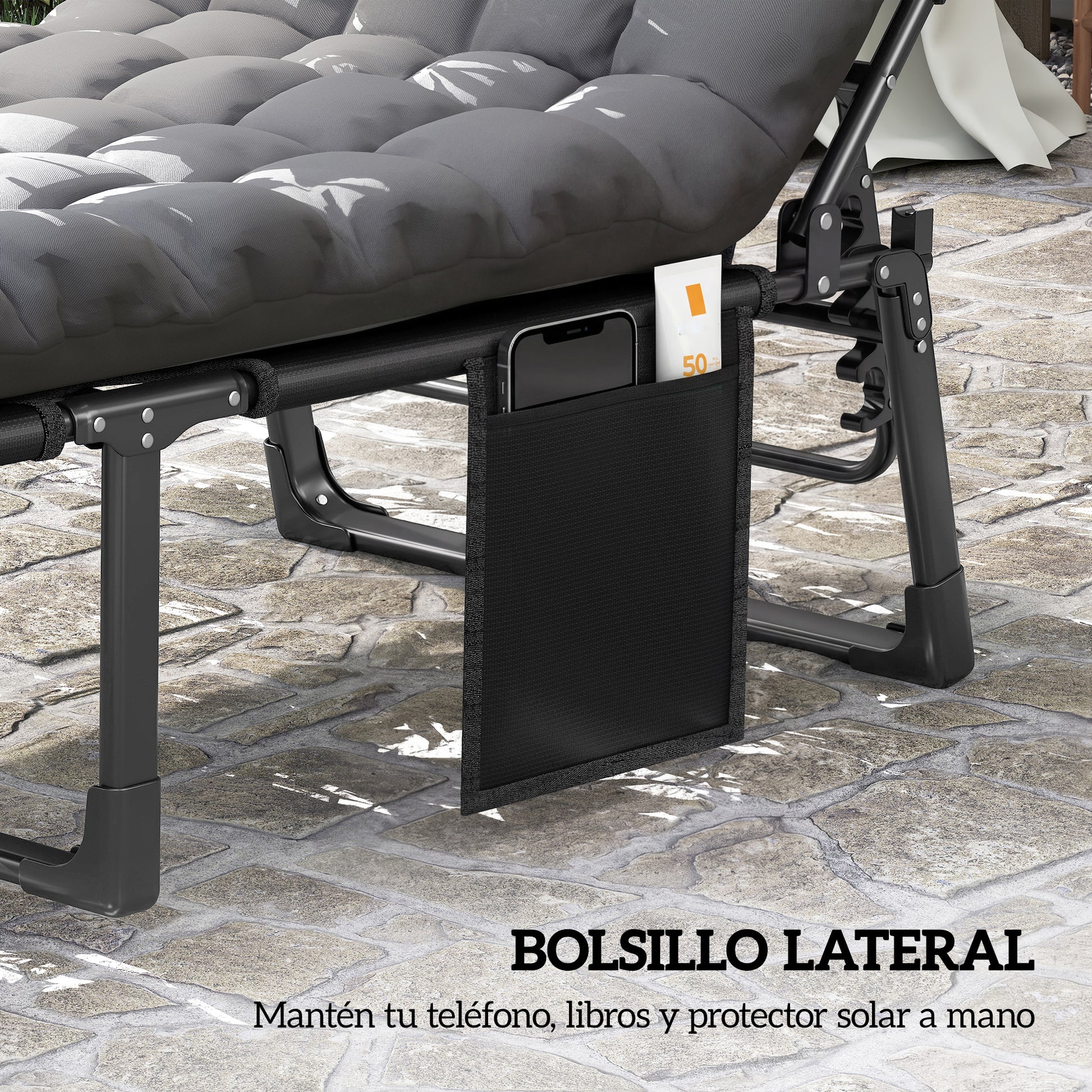 Outsunny Set de 2 Tumbonas Jardín Exterior, Tumbonas Plegables con Cojines, Respaldo Reclinable 5 Posiciones, Asiento Extra Ancho de Textilene, Bolsillo Lateral y Reposacabezas para Playa, Gris Oscuro