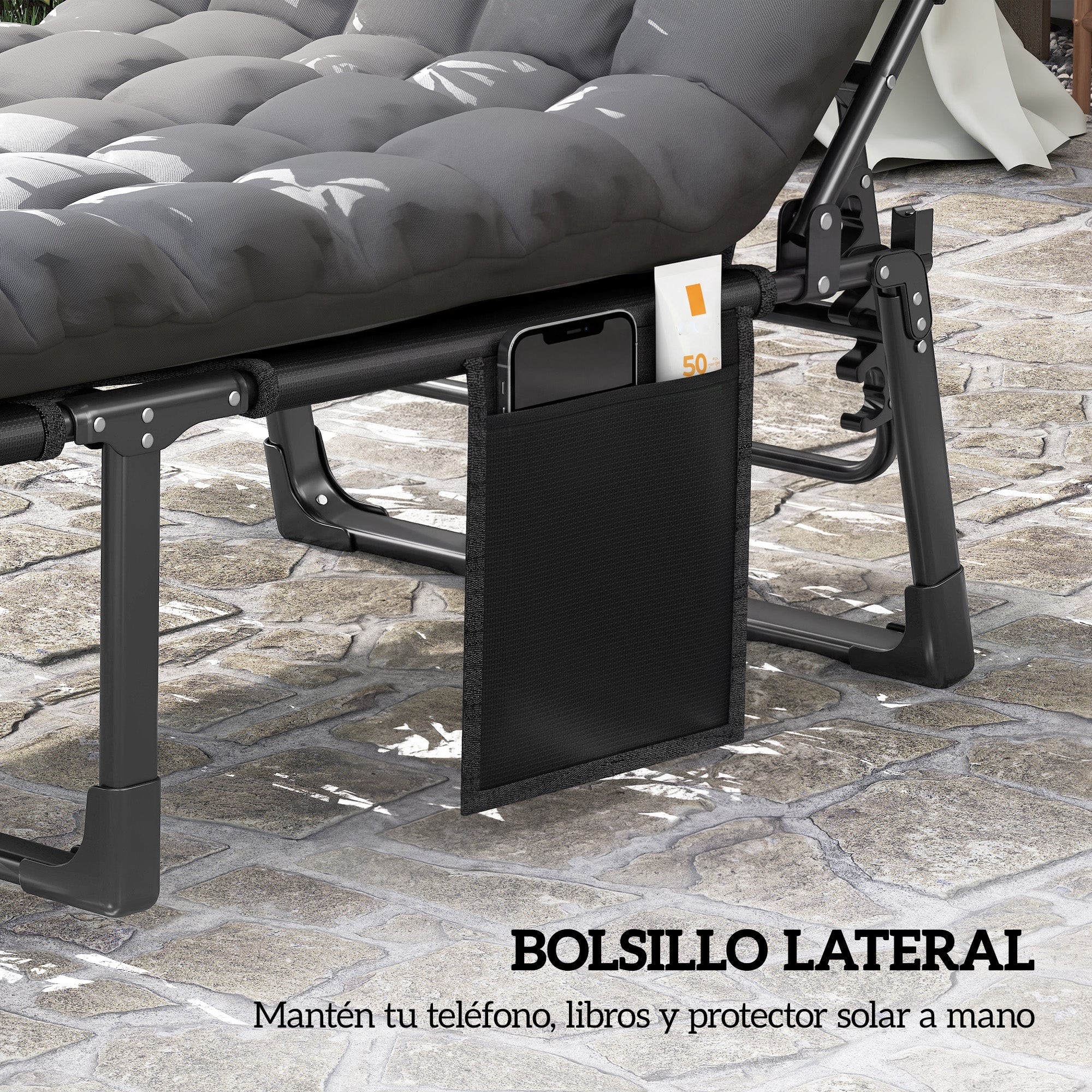 Outsunny Set de 2 Tumbonas Jardín Exterior, Tumbonas Plegables con Cojines, Respaldo Reclinable 5 Posiciones, Asiento Extra Ancho de Textilene, Bolsillo Lateral y Reposacabezas para Playa, Gris Oscuro