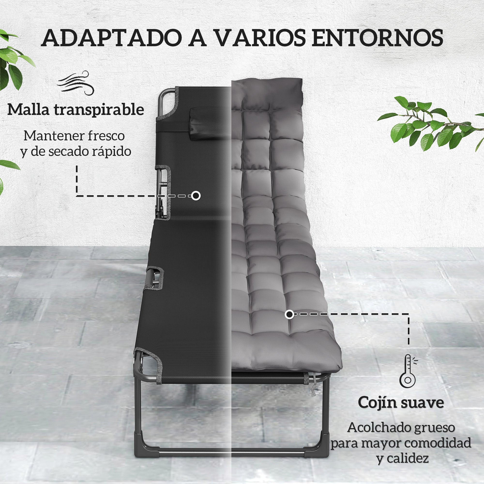 Outsunny Set de 2 Tumbonas Jardín Exterior, Tumbonas Plegables con Cojines, Respaldo Reclinable 5 Posiciones, Asiento Extra Ancho de Textilene, Bolsillo Lateral y Reposacabezas para Playa, Gris Oscuro