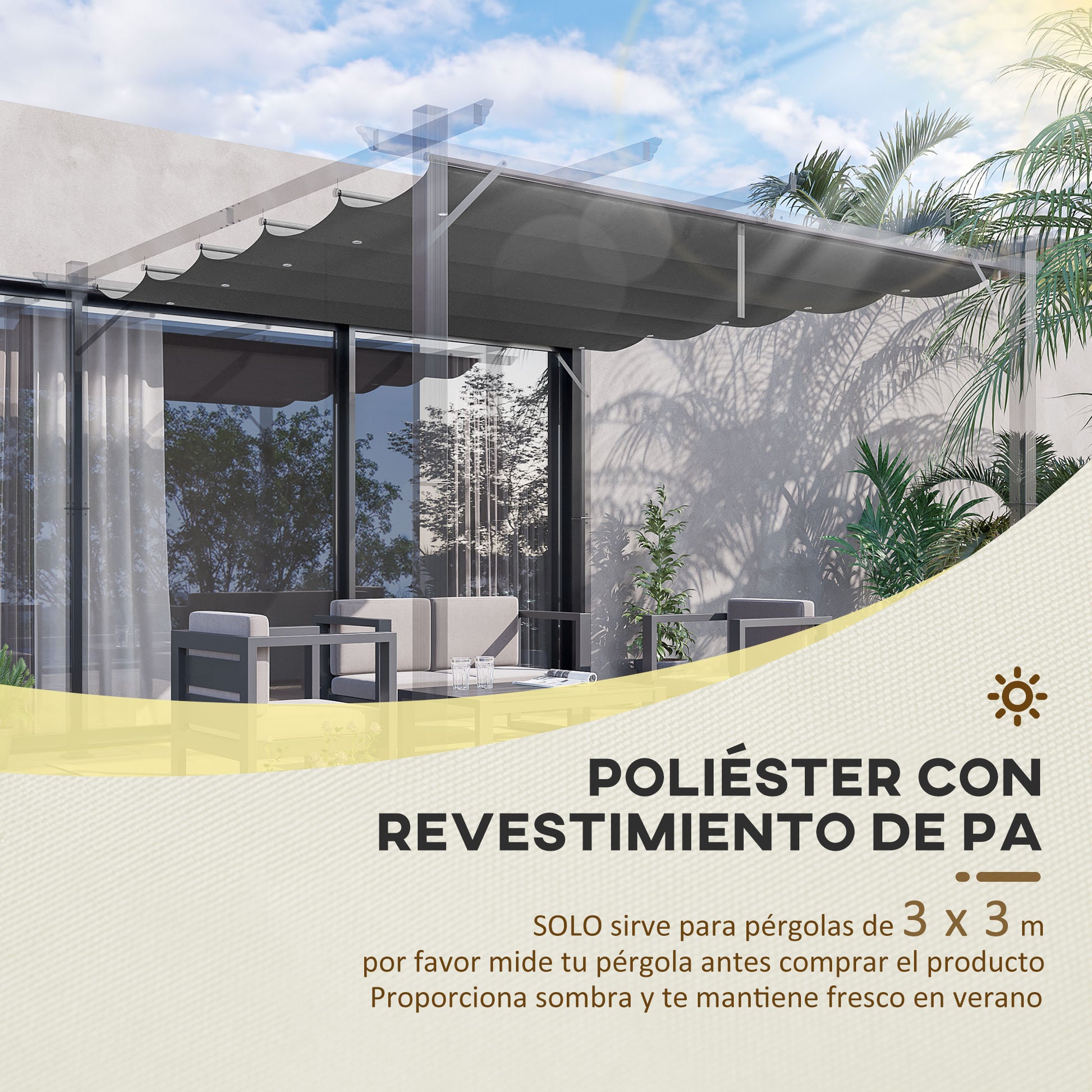 Outsunny Techo de Pérgola 2,5x2,55 m Techo de Repuesto Retráctil para Sombrilla Toldo de Tela para Cenador Jardín con 10 Orificios de Drenaje Gris Oscuro