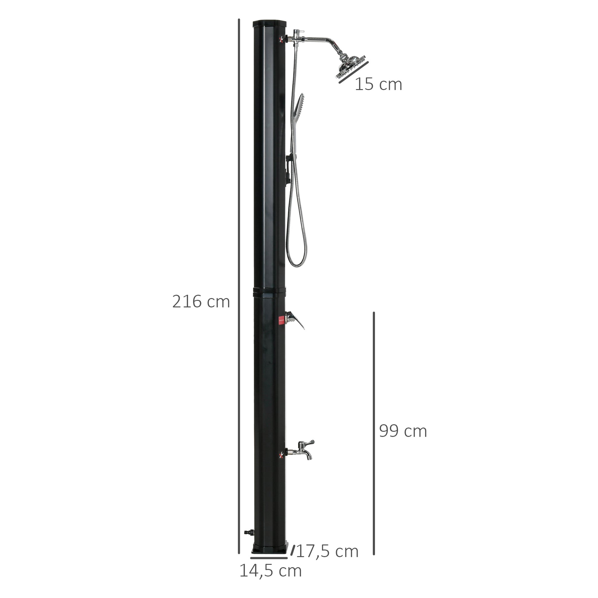 Outsunny Ducha Solar de Exterior 35 L Ducha de Jardín con 2 Cabezales de Ducha Grifo y Agua Caliente 0-55℃ para Piscina Patio Playa 17,5x14,5x216 cm Negro