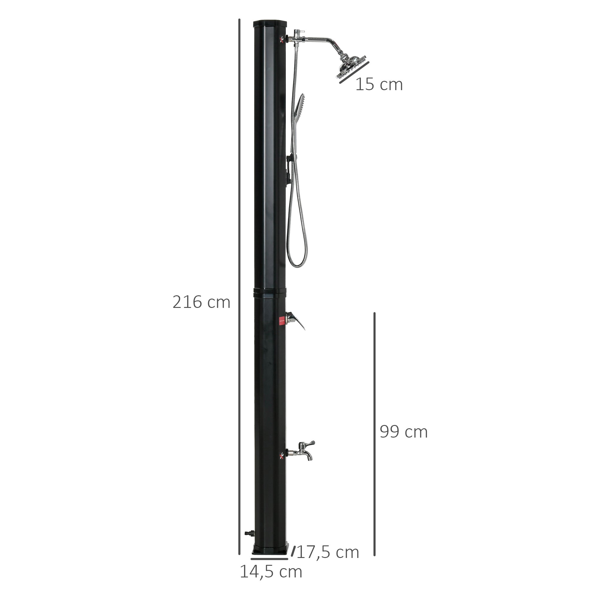 Outsunny Ducha Solar de Exterior 35 L Ducha de Jardín con 2 Cabezales de Ducha Grifo y Agua Caliente 0-55℃ para Piscina Patio Playa 17,5x14,5x216 cm Negro
