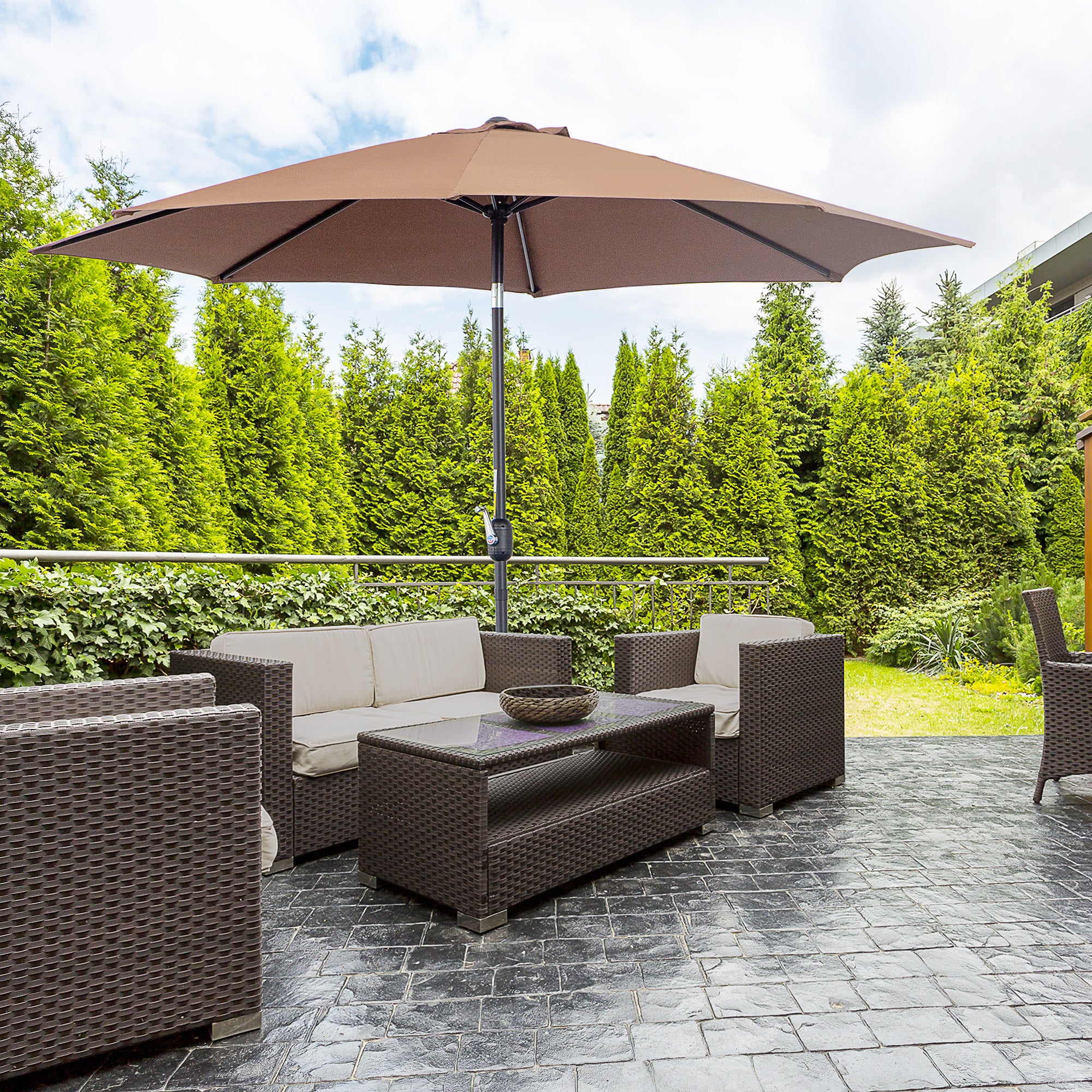 Outsunny Sombrilla de Jardín Ø295x250 cm con Manivela Parasol Exterior con Mecanismo de Inclinación y Poste Desmontable de Metal para Terraza Piscina Patio Café