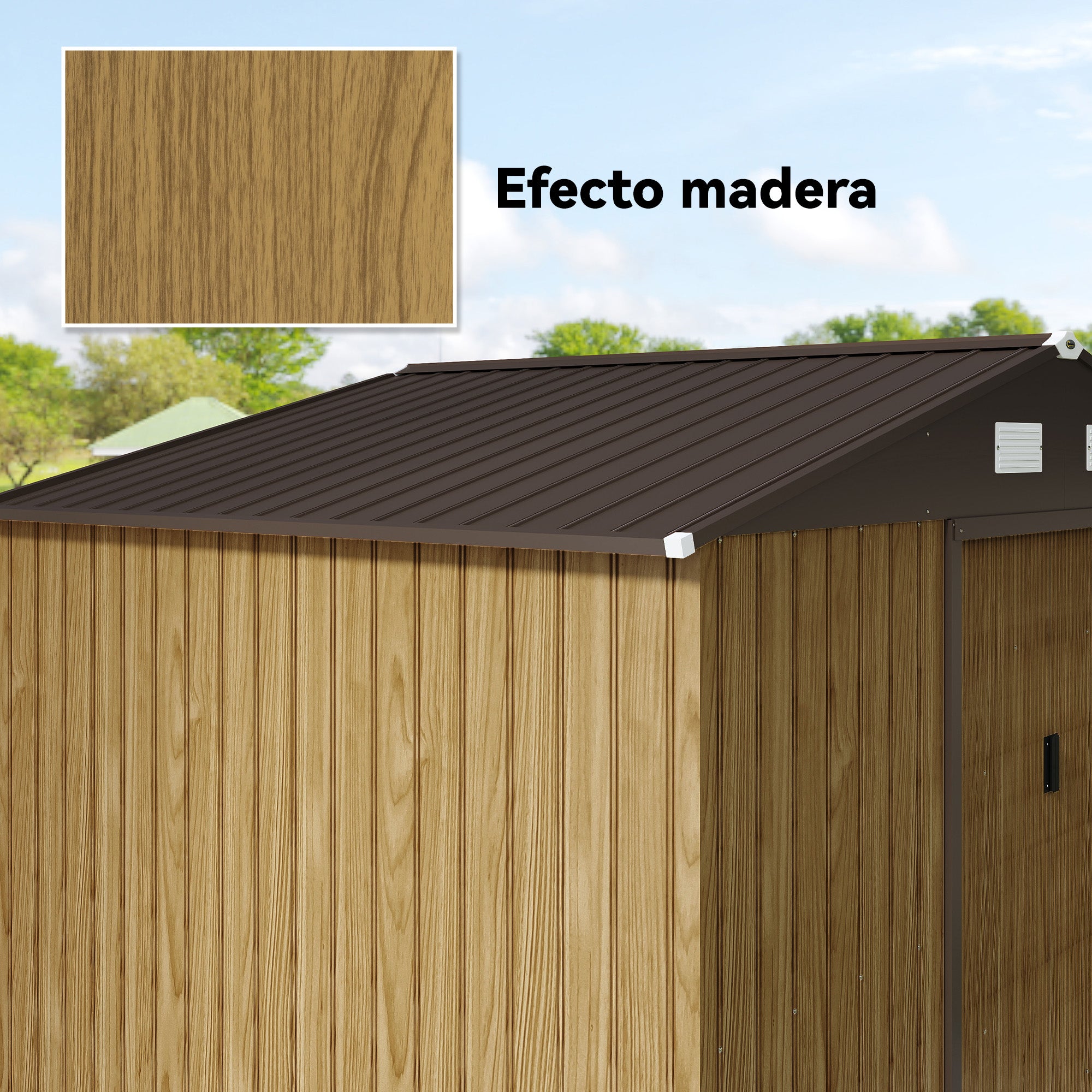 Outsunny Caseta de Jardín Exterior 4,9 m², 277x195x192 cm, Cobertizo de Jardín Exterior Metálico con Puerta Corredera, Ventilación y Kit de Fundación, para Almacenamiento de Herramientas, Marrón Claro