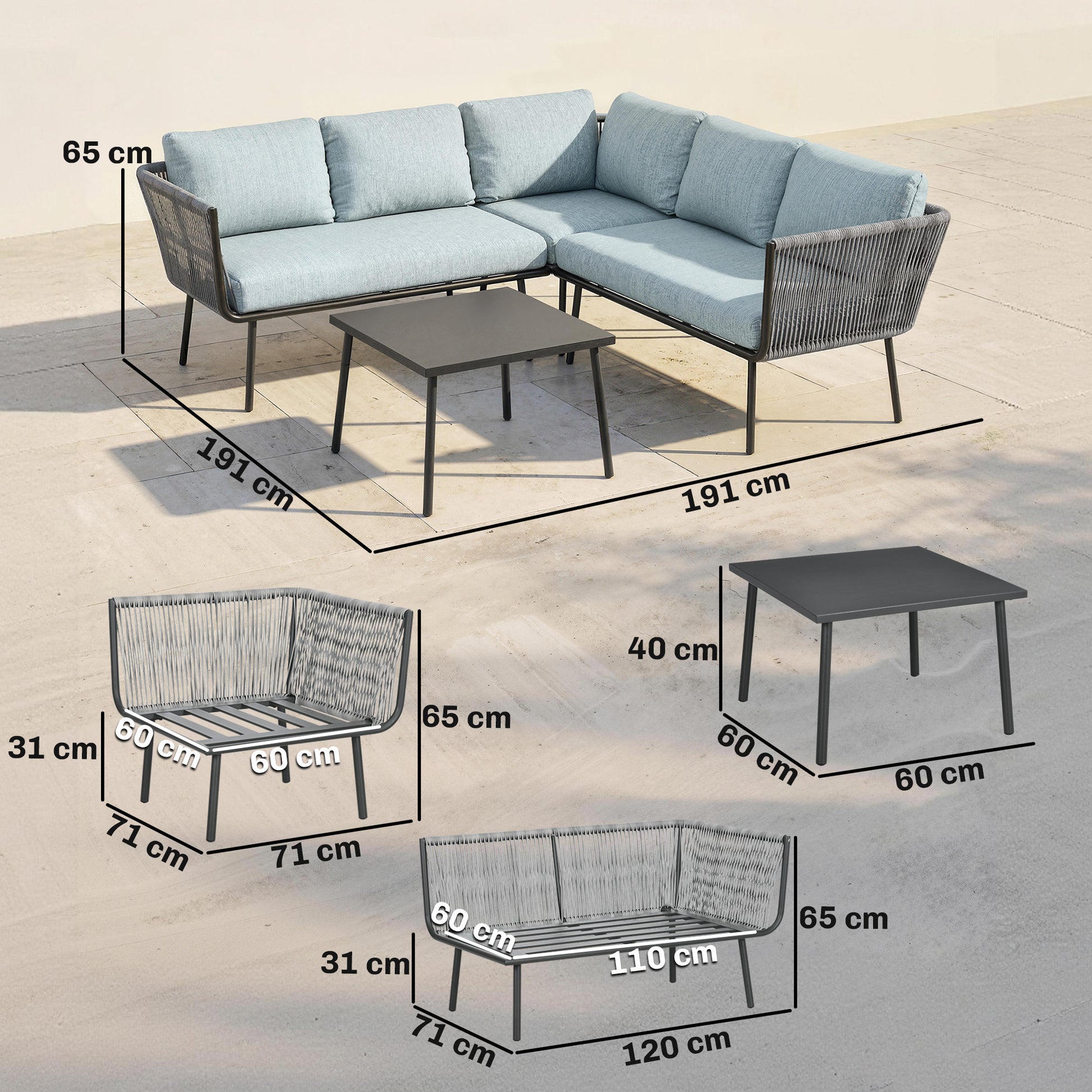 Outsunny Conjunto de Muebles de Ratán 4 Piezas con Marco de Aluminio Set de Muebles de Jardín 2 Sofá de 2 Plazas Sofá de Esquina Mesa de Centro con 6 Cojines Acolchados para Exterior Patio Azul Claro