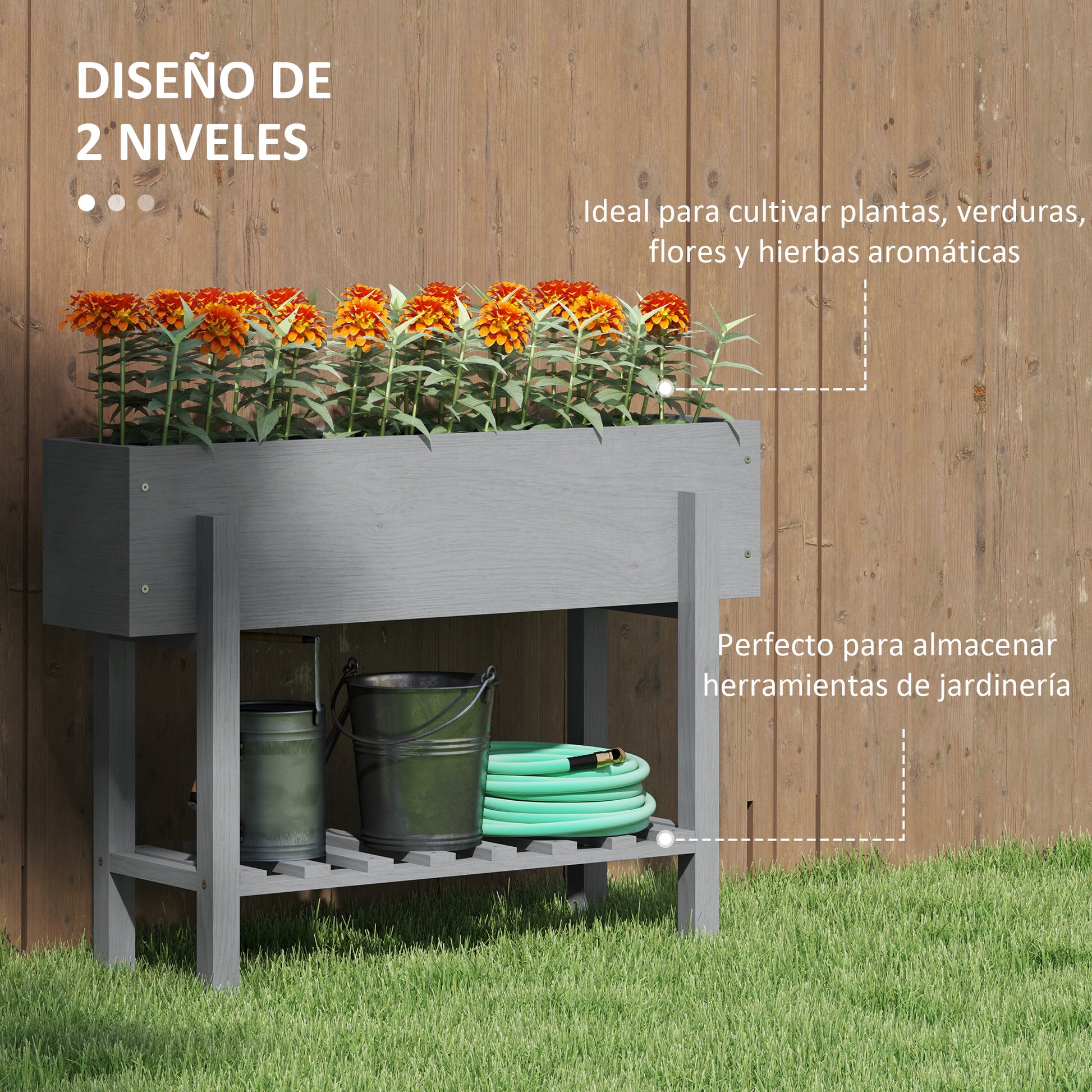 Outsunny Huerto Urbano de Madera Mesa de Cultivo con Estante Jardinera Elevada para Cultivo Flores Vegetales en Jardín Terraza 100x30x70,5 cm Gris
