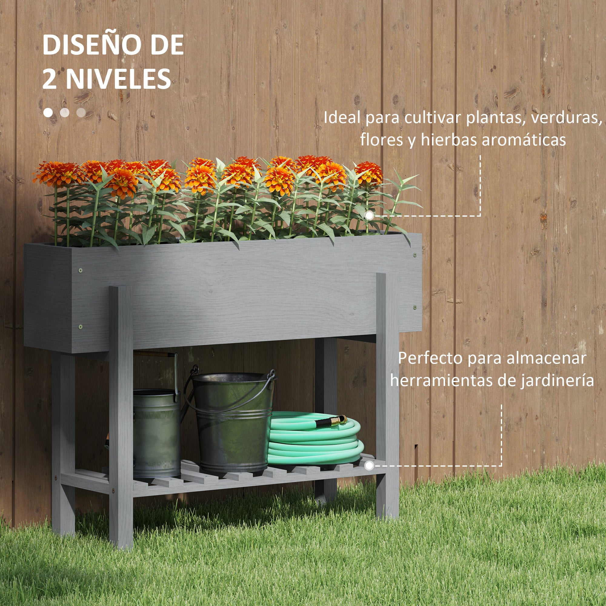 Outsunny Huerto Urbano de Madera Mesa de Cultivo con Estante Jardinera Elevada para Cultivo Flores Vegetales en Jardín Terraza 100x30x70,5 cm Gris