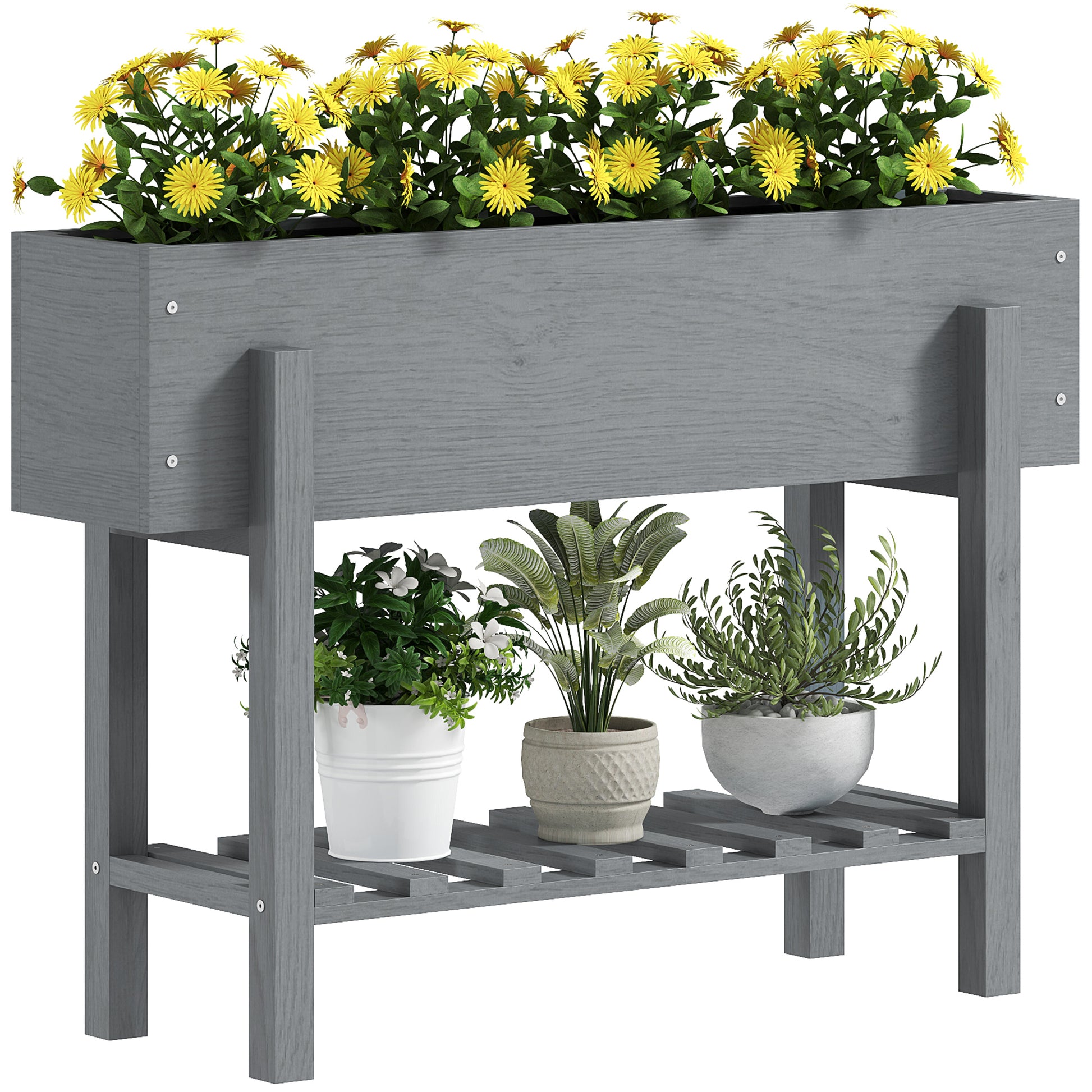 Outsunny Huerto Urbano de Madera Mesa de Cultivo con Estante Jardinera Elevada para Cultivo Flores Vegetales en Jardín Terraza 100x30x70,5 cm Gris