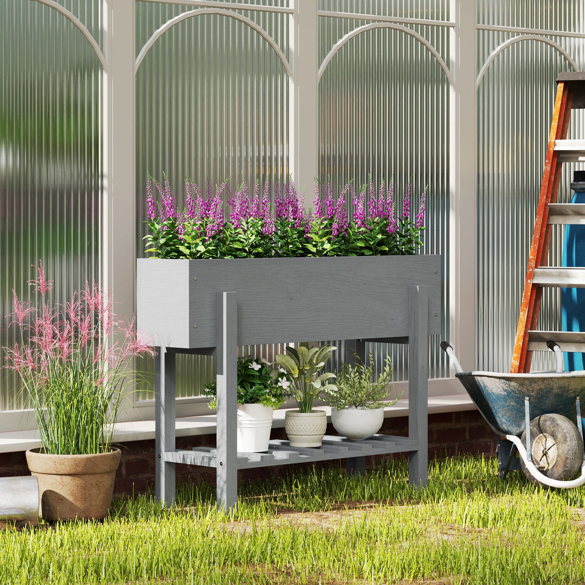 Outsunny Huerto Urbano de Madera Mesa de Cultivo con Estante Jardinera Elevada para Cultivo Flores Vegetales en Jardín Terraza 100x30x70,5 cm Gris