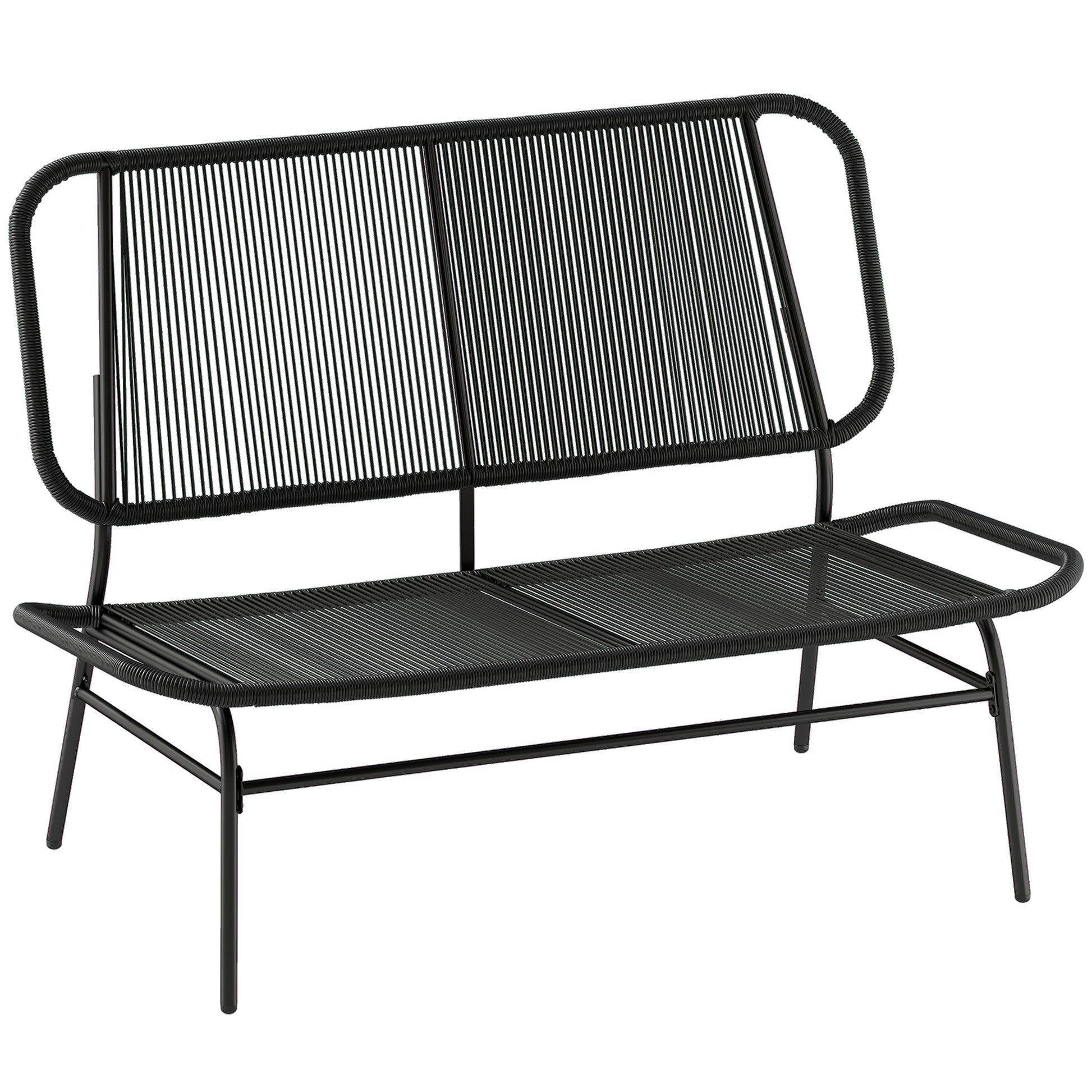 Outsunny Sofá Exterior de Ratán de 2 Plazas, Sofá de Jardín Exterior con Asiento y Respaldo Tejidos de Ratán PE, Estructura de Acero, Carga 240 kg, para Balcón, Porche, Patio, Negro