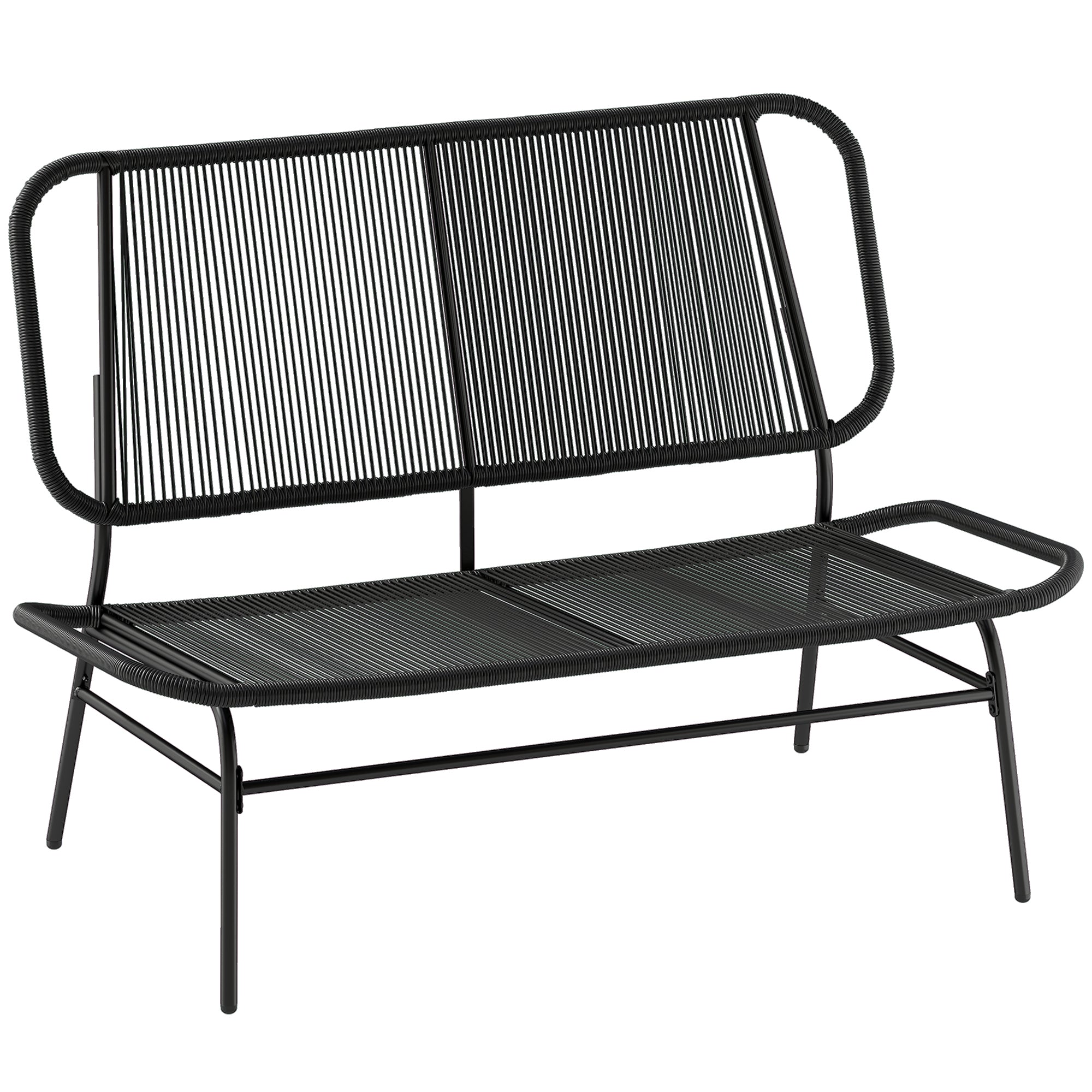 Outsunny Sofá Exterior de Ratán de 2 Plazas, Sofá de Jardín Exterior con Asiento y Respaldo Tejidos de Ratán PE, Estructura de Acero, Carga 240 kg, para Balcón, Porche, Patio, Negro