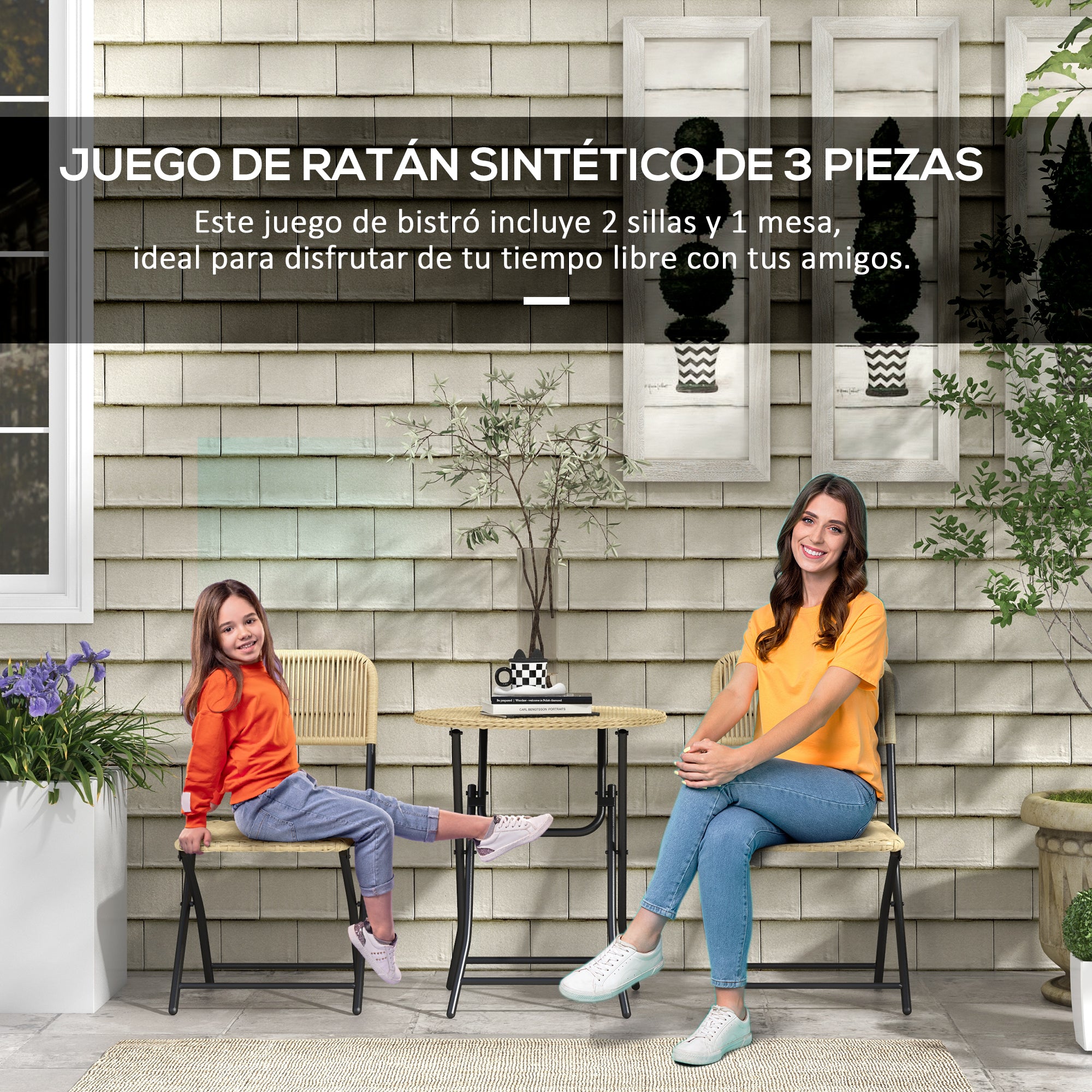 Outsunny Conjunto de Mesa y Sillas de Jardín Exterior de Ratán Plegable Juego de 3 Piezas Muebles de Jardín con 2 Sillas y 1 Mesa de Centro Redonda para Terraza Césped Balcón Natural