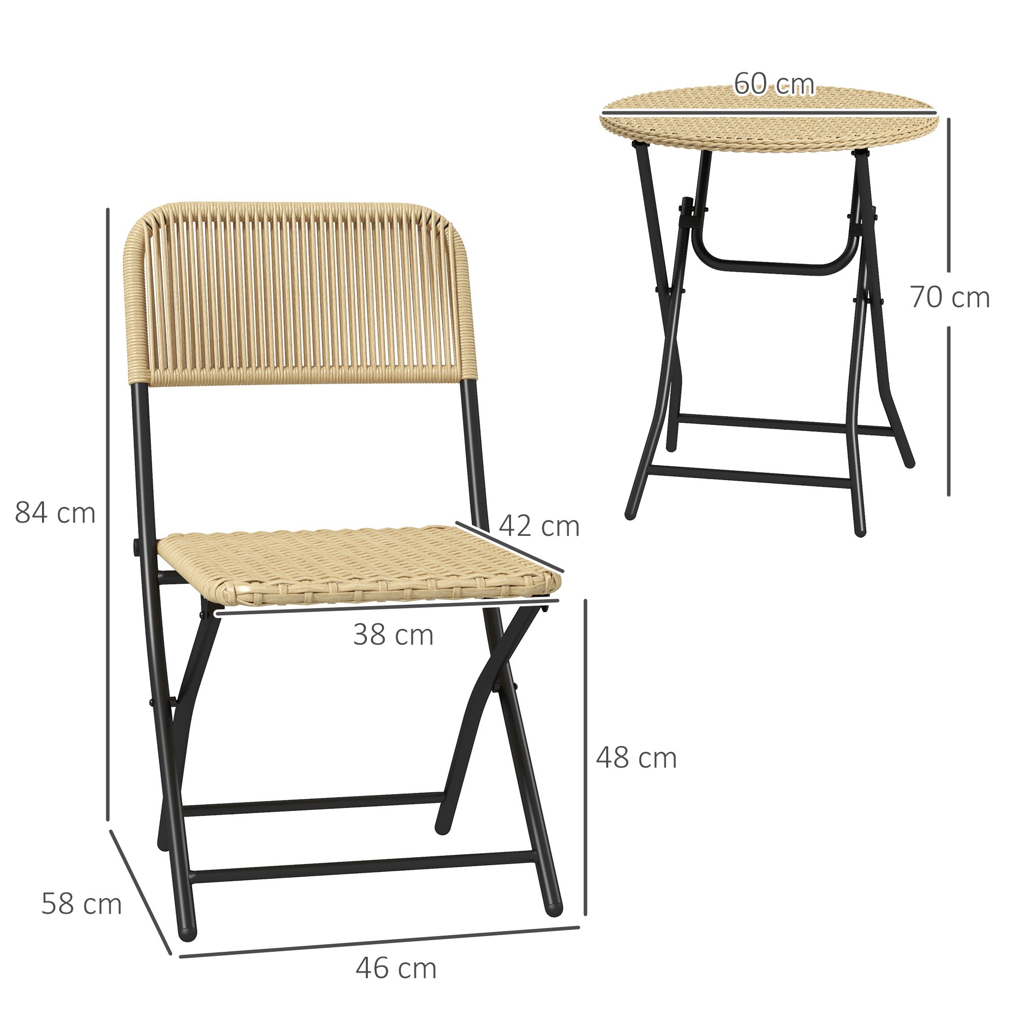 Outsunny Conjunto de Mesa y Sillas de Jardín Exterior de Ratán Plegable Juego de 3 Piezas Muebles de Jardín con 2 Sillas y 1 Mesa de Centro Redonda para Terraza Césped Balcón Natural