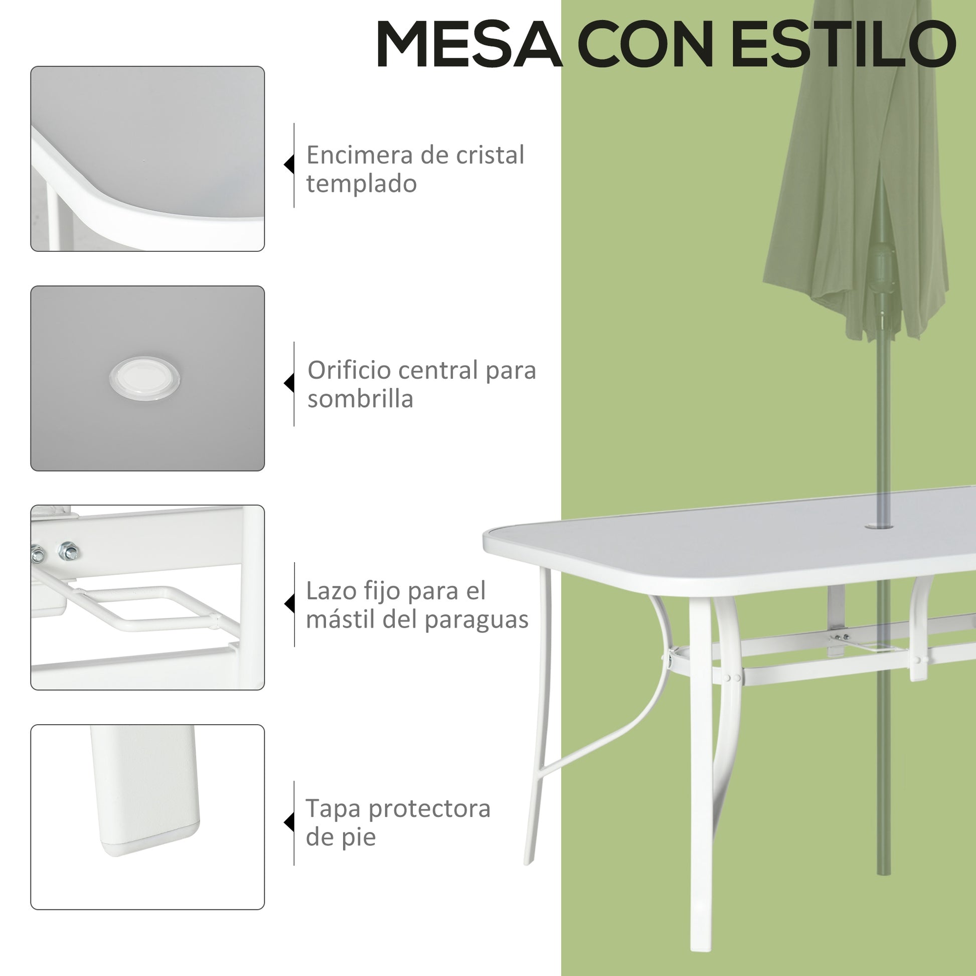 Outsunny Conjunto de Muebles de Jardín de 7 Piezas Juego de Mesa y 6 Sillas para Terraza con Orificio para Sombrilla y Encimera de Cristal para Terraza Patio Gris