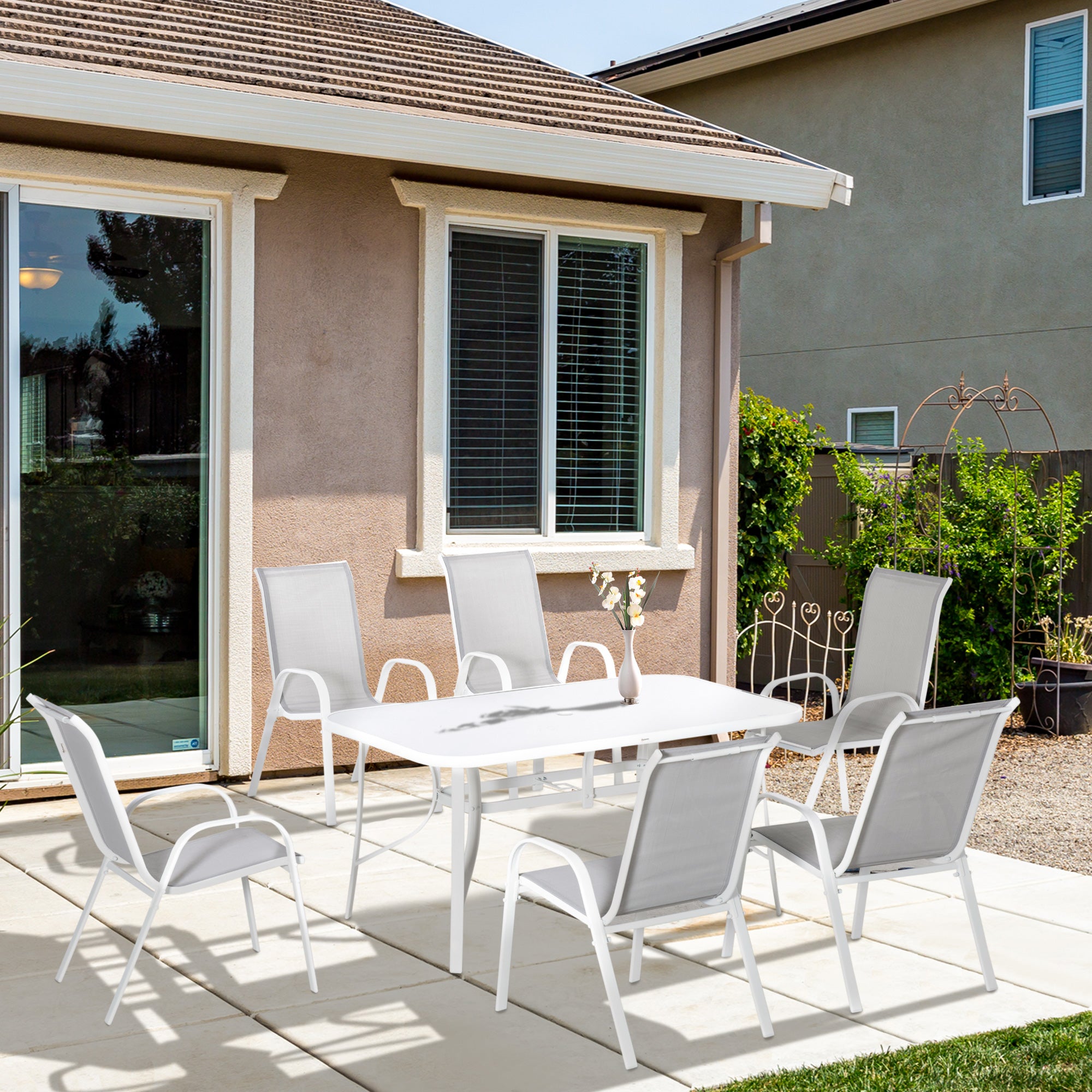 Outsunny Conjunto de Muebles de Jardín de 7 Piezas Juego de Mesa y 6 Sillas para Terraza con Orificio para Sombrilla y Encimera de Cristal para Terraza Patio Gris
