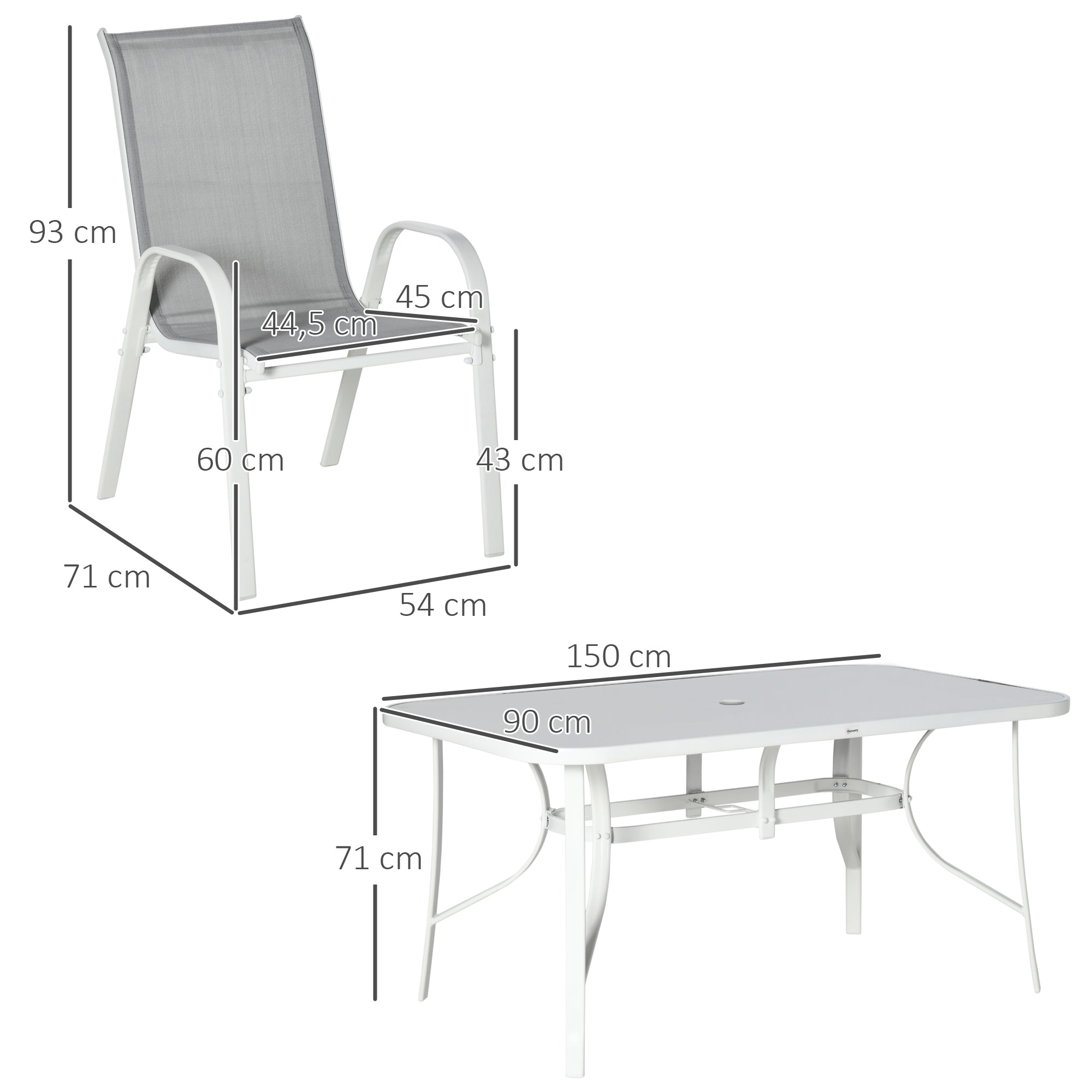 Outsunny Conjunto de Muebles de Jardín de 7 Piezas Juego de Mesa y 6 Sillas para Terraza con Orificio para Sombrilla y Encimera de Cristal para Terraza Patio Gris