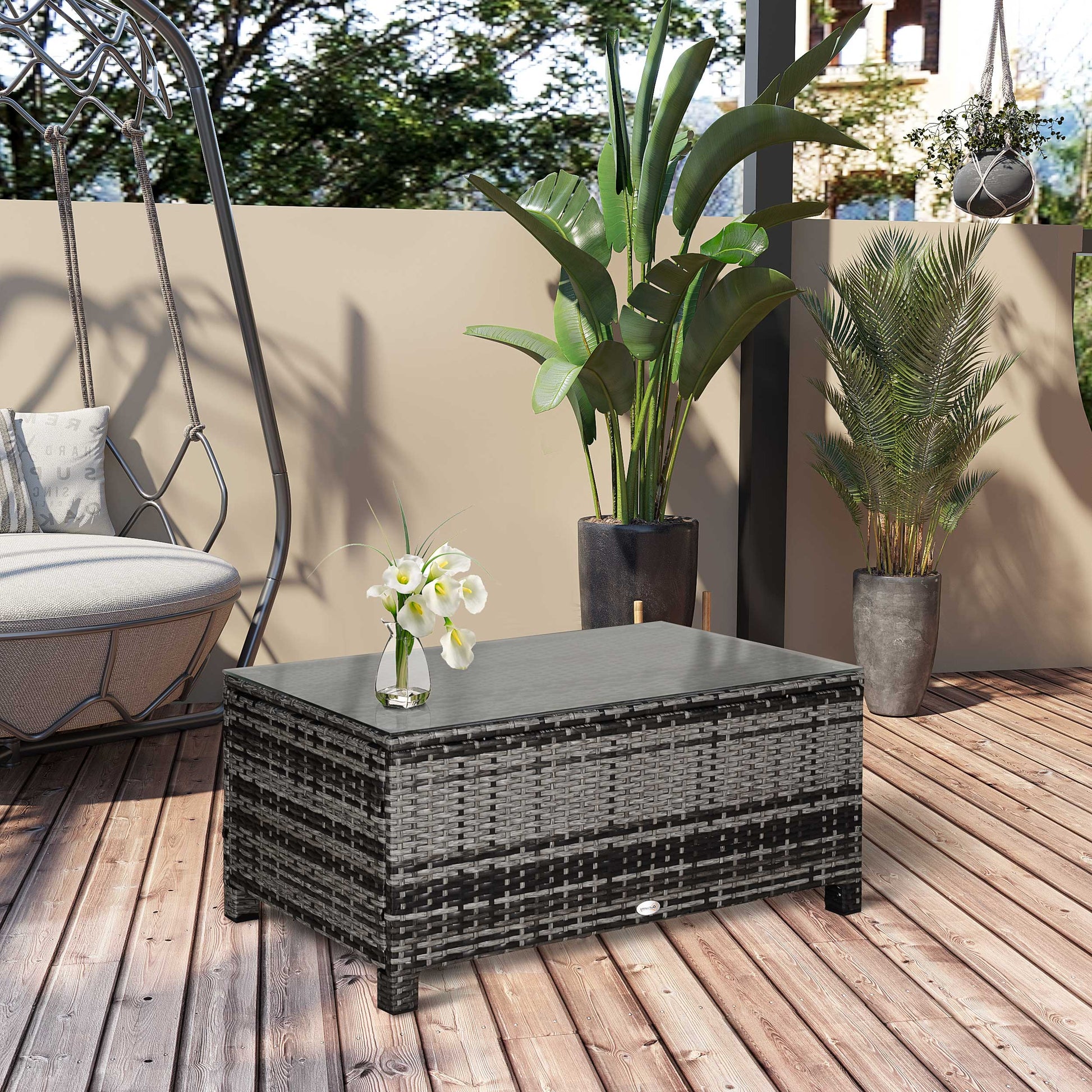 Outsunny Mesa de Jardín de Ratán Sintético Mesita Auxiliar con Vidrio Templado para Terraza Patio Balcón 85x50x39 cm Gris