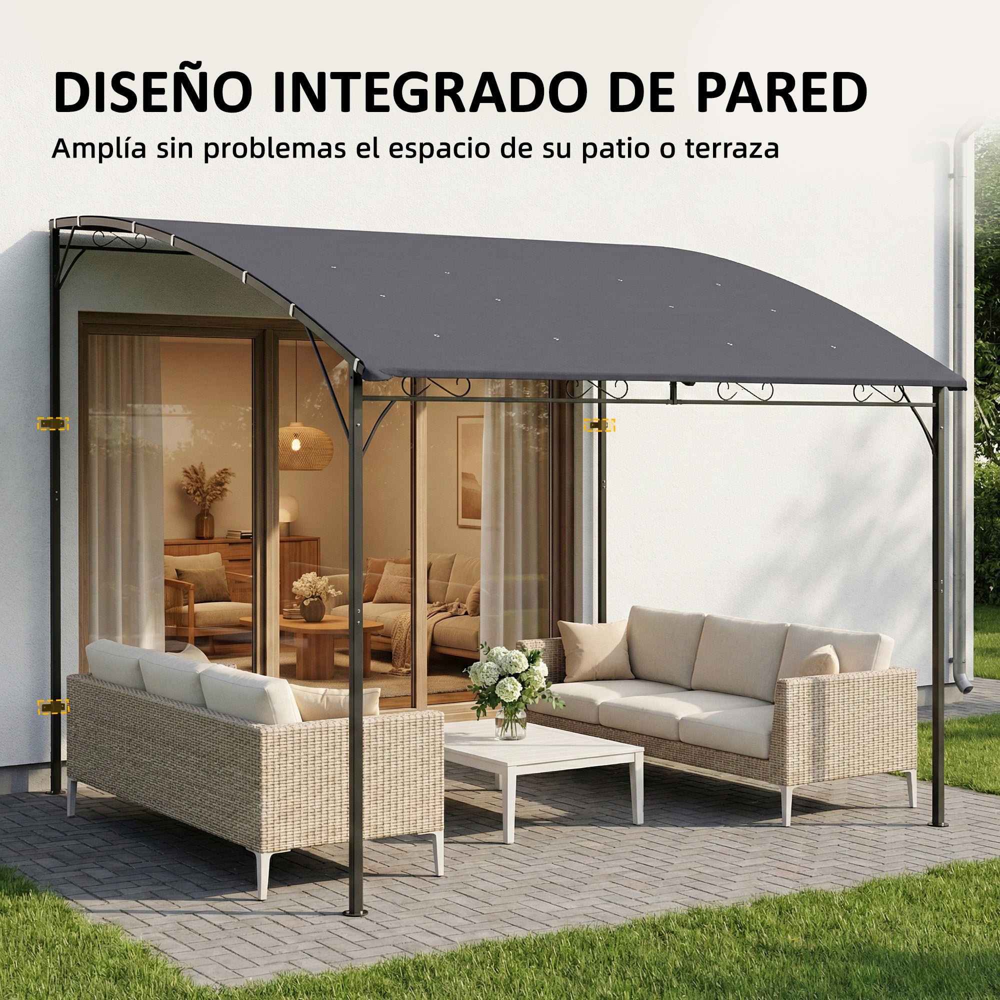 Outsunny Pérgola de Pared de Jardín 2,8x3,8 m, Cenador de Jardín con Techo Inclinado, Orificios de Drenaje y Estructura Metálica, Resistente a la Intemperie, para Patio, Terraza, Balcón, Gris